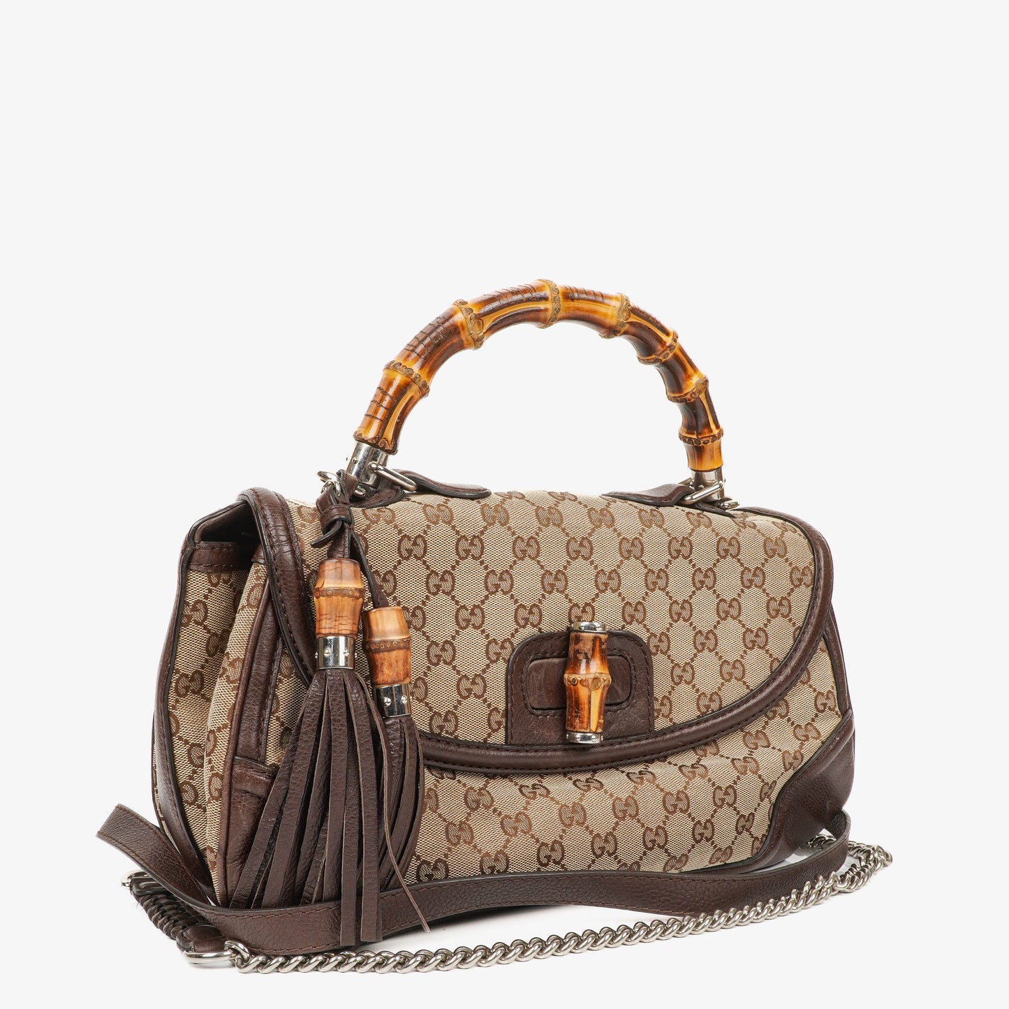 Gucci New Bamboo Top Handle Beige/Ebony GG Canvas and Leather Bag