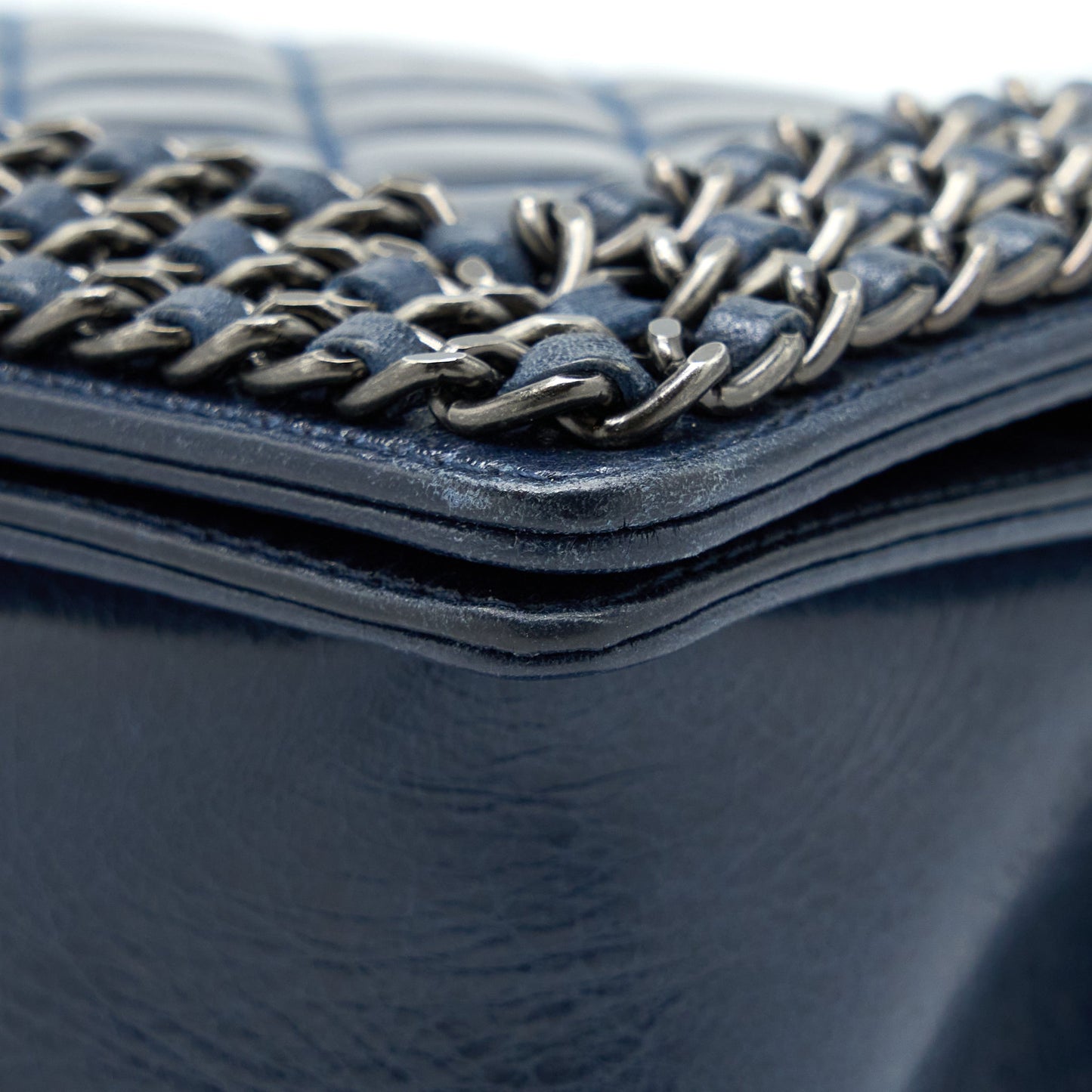 Chanel Medium Boy Bag Limited Edition with Chain Edge Aged Calfskin Navy Ruthenium Hardware