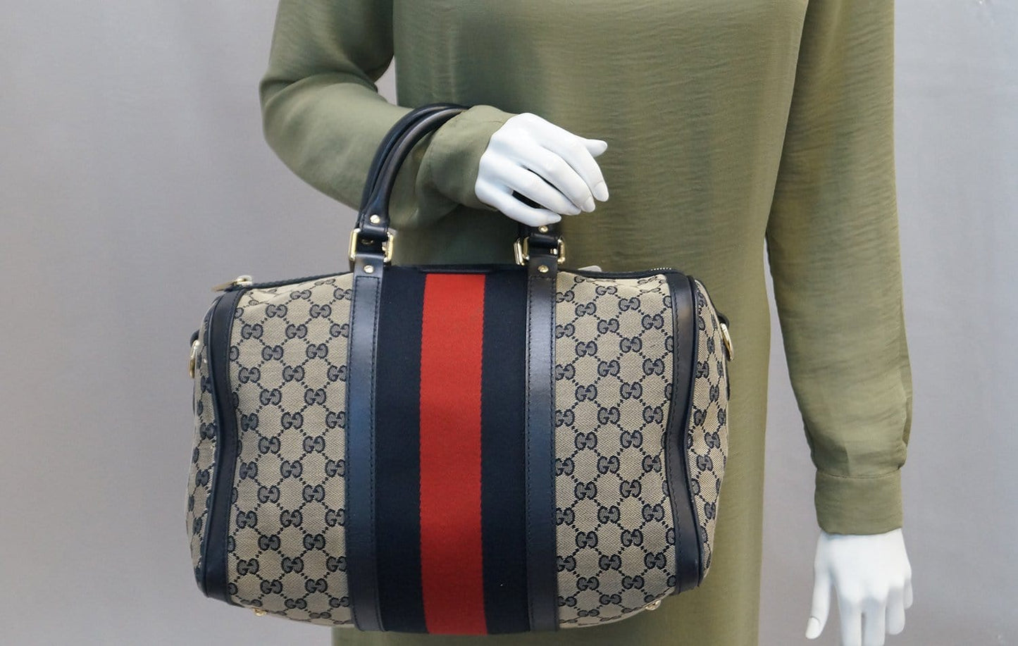 GUCCI   Web Medium Original GG Boston Bag with Signature Web