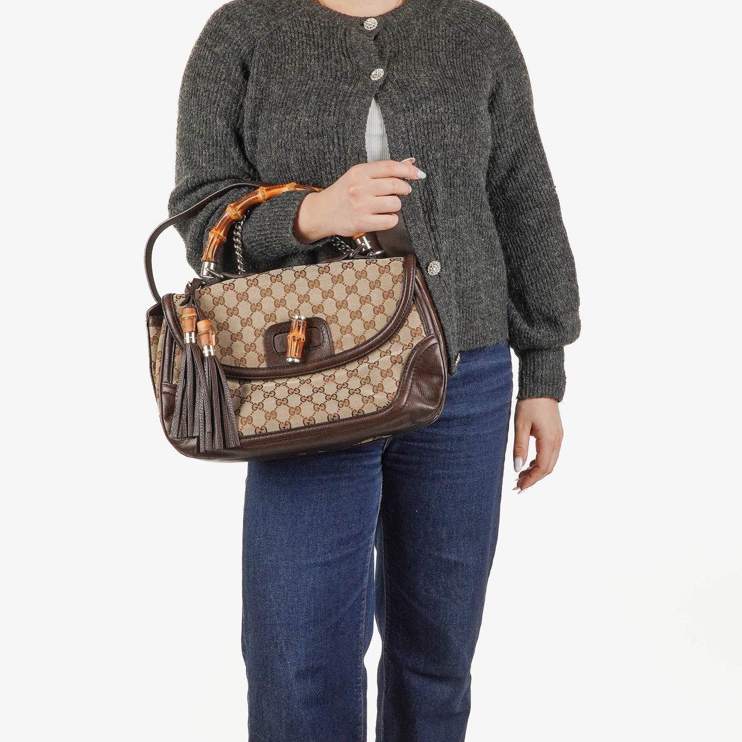 Gucci New Bamboo Top Handle Beige/Ebony GG Canvas and Leather Bag