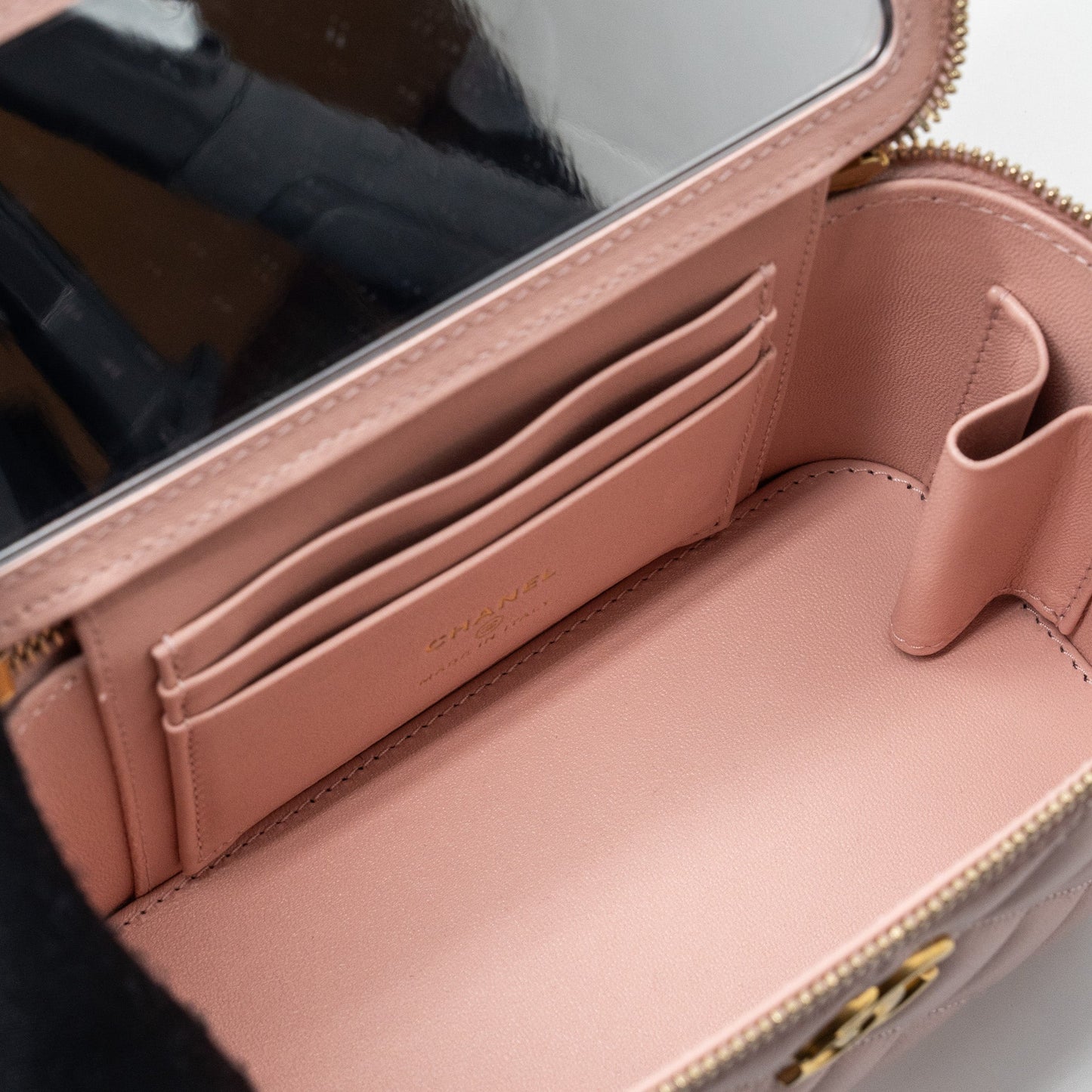 Chanel Long Vanity Case Camellia Chain Lambskin  Light Pink  (Microchip)