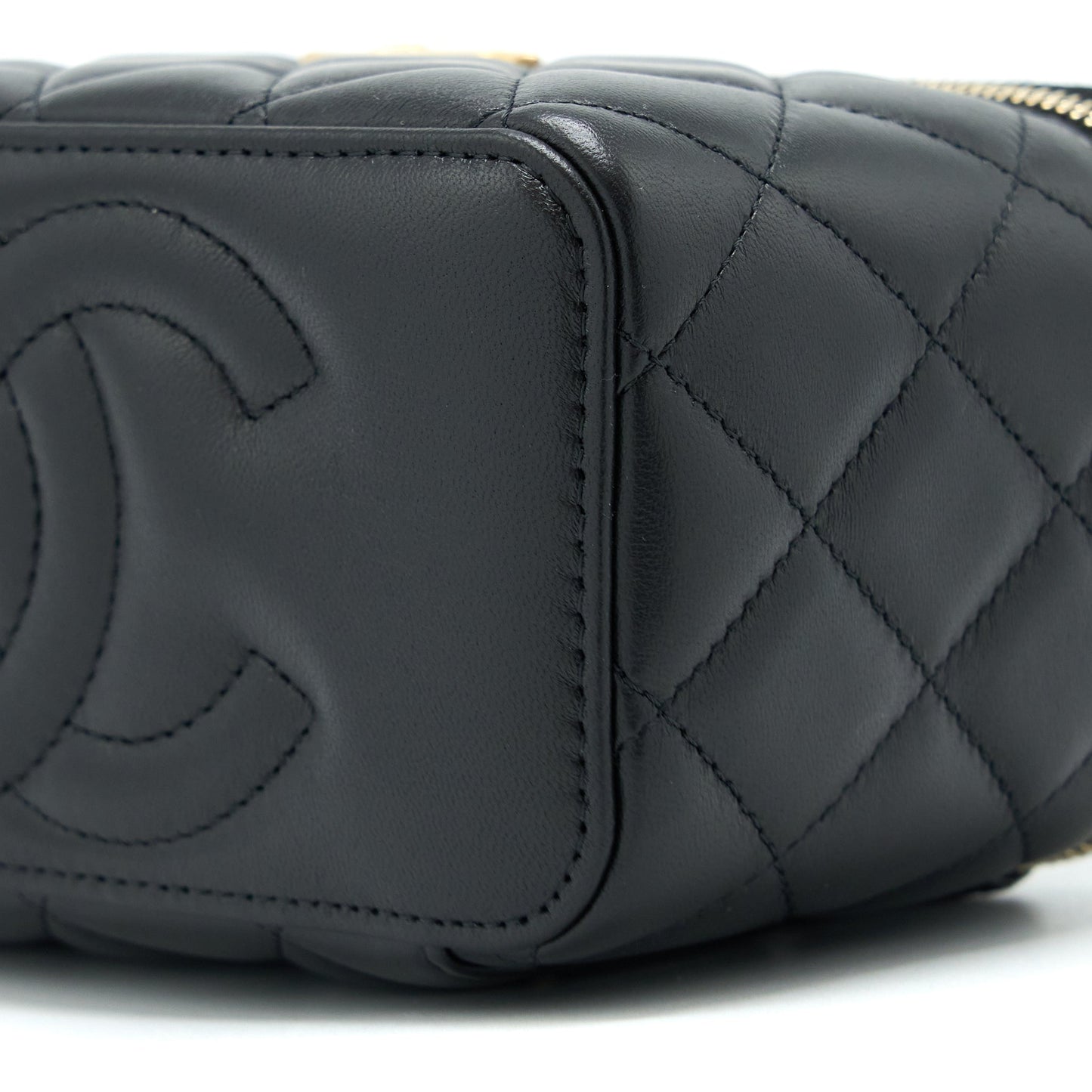 Chanel 22k Leather Chain Top Handle Long Vanity Case Lambskin Black Brushed