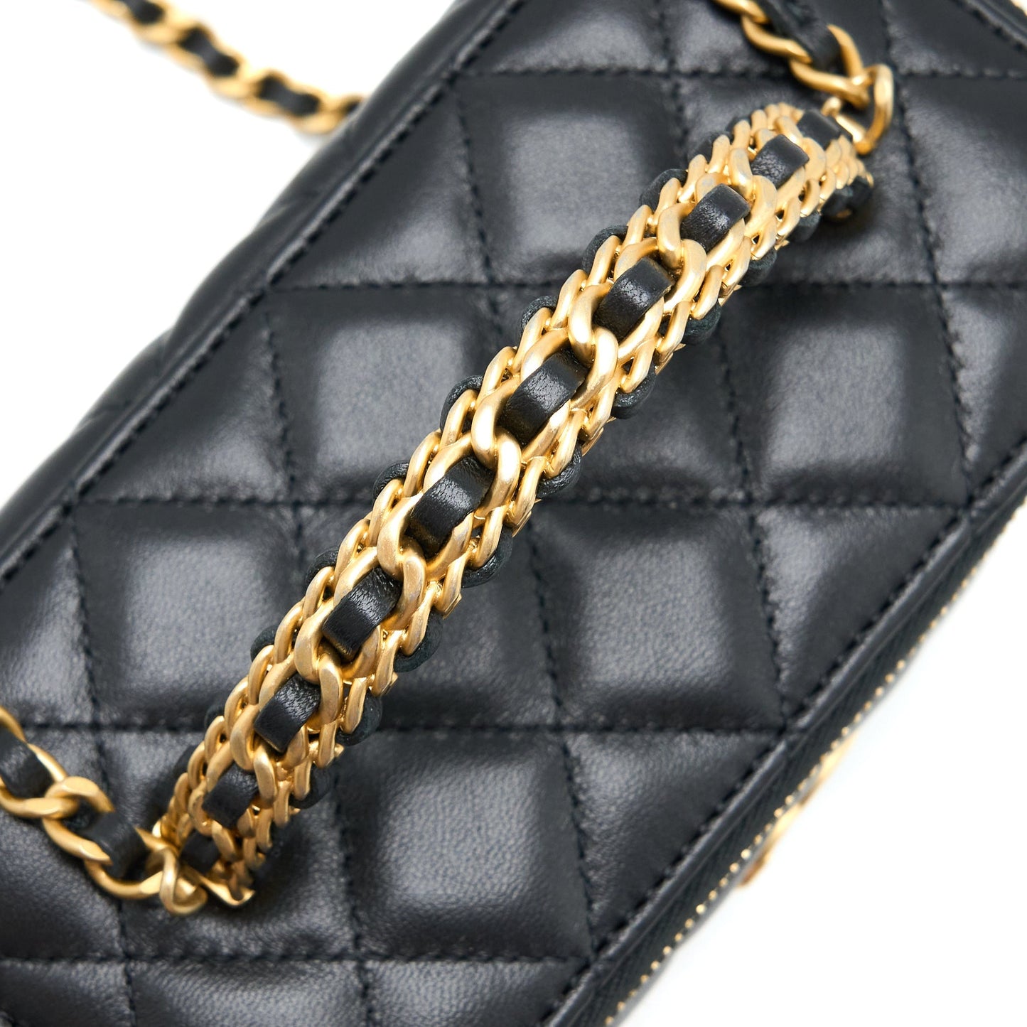 Chanel 22k Leather Chain Top Handle Long Vanity Case Lambskin Black Brushed