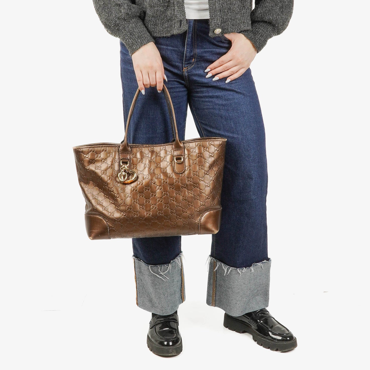 Gucci Guccissima Brown Metallic Leather Heart-Bit Top Handle Tote Bag