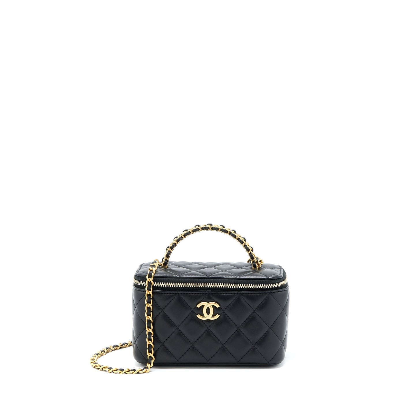 Chanel 22k Leather Chain Top Handle Long Vanity Case Lambskin Black Brushed