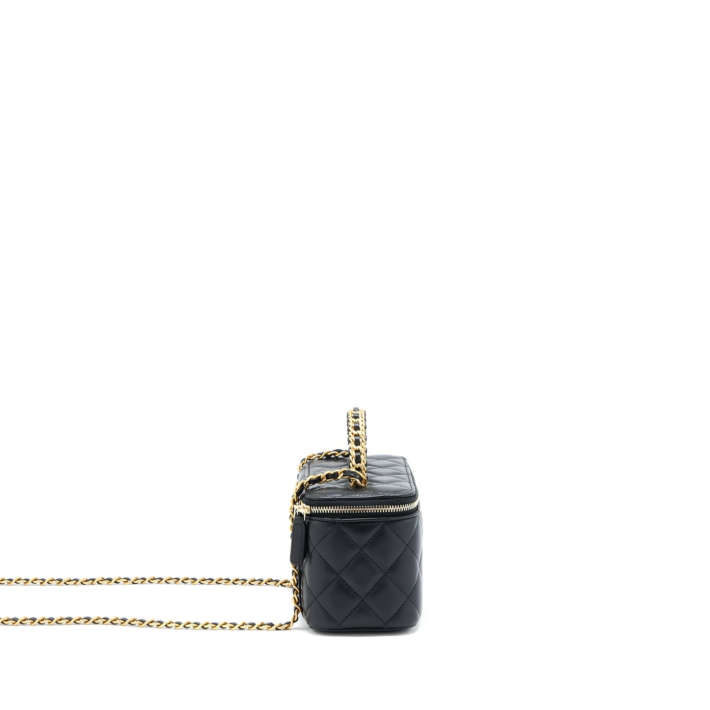Chanel 22k Leather Chain Top Handle Long Vanity Case Lambskin Black Brushed