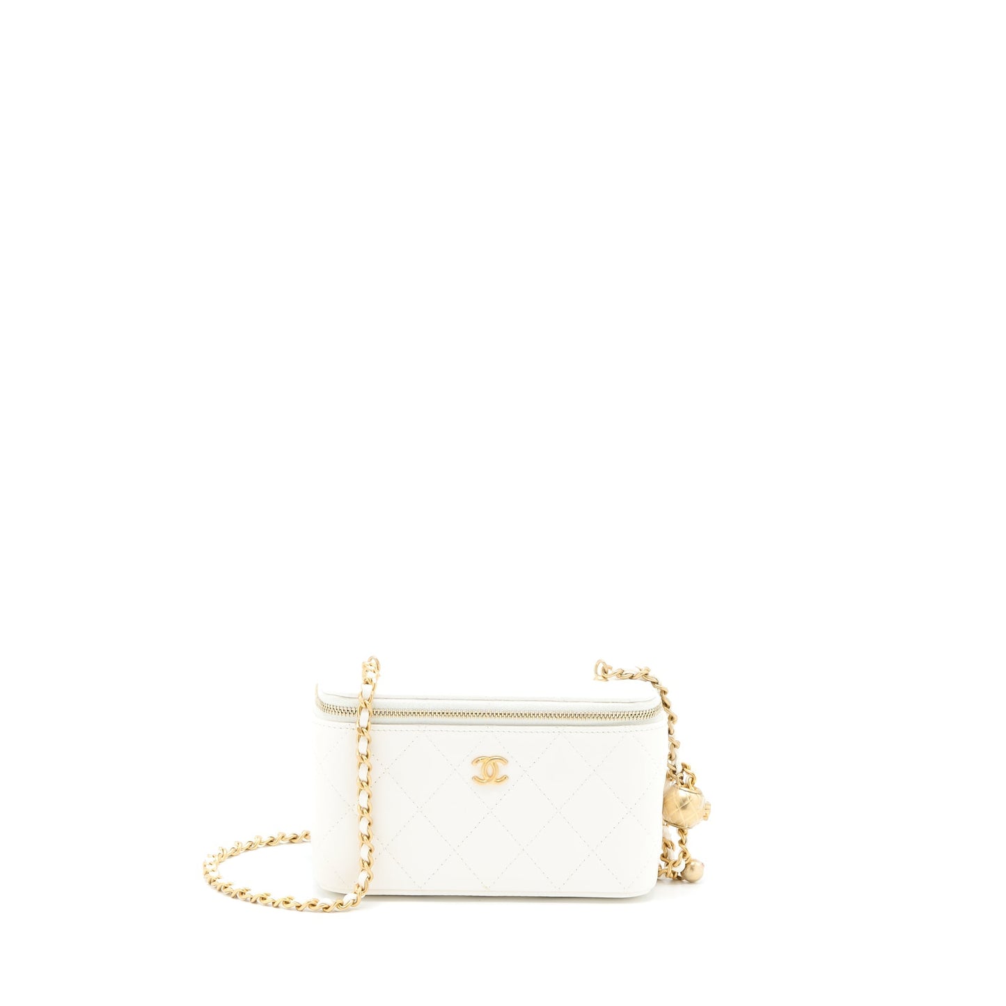 Chanel Pearl Crush Long Vanity Case Lambskin White Brushed