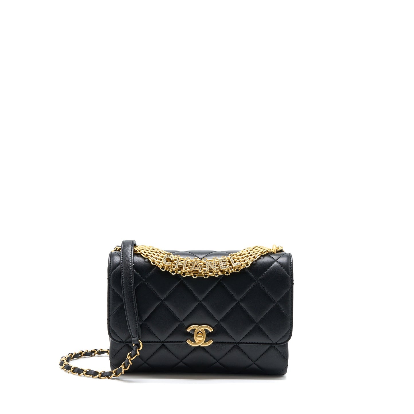 Chanel 22S Letter/Crystal Handle Flap Bag Lambskin Black Brushed (Microchip)