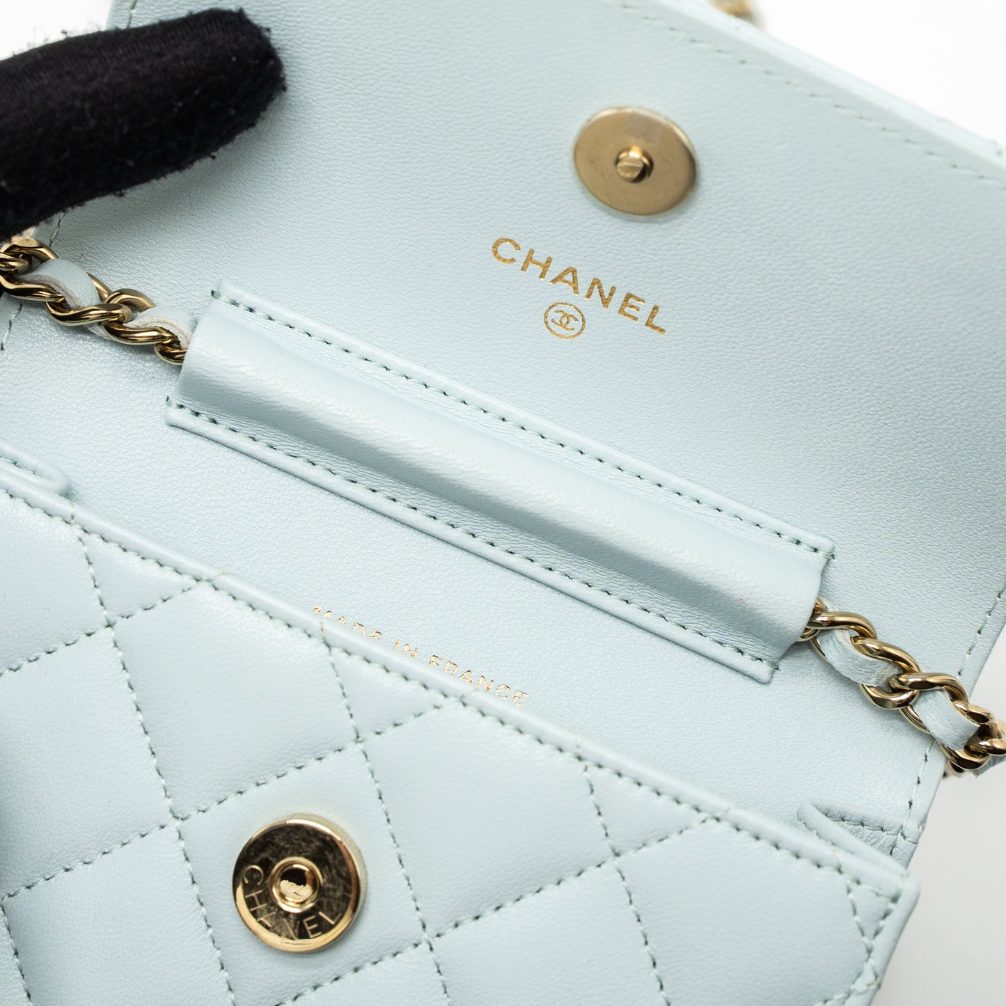Chanel Mini Flap Bag Ribbon Chains Lambskin Light Blue L