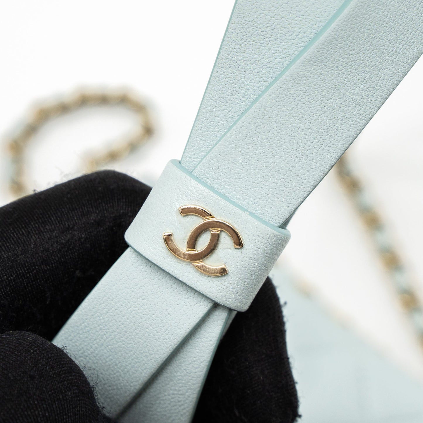 Chanel Mini Flap Bag Ribbon Chains Lambskin Light Blue L