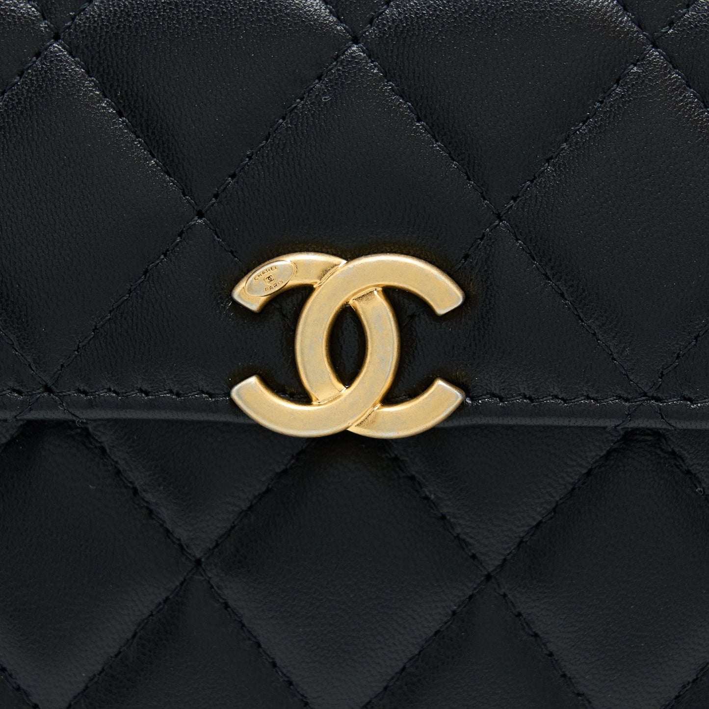 Chanel 22B Flap Bag With Enamel/CC Logo Top Handle Lambskin Black Brushed