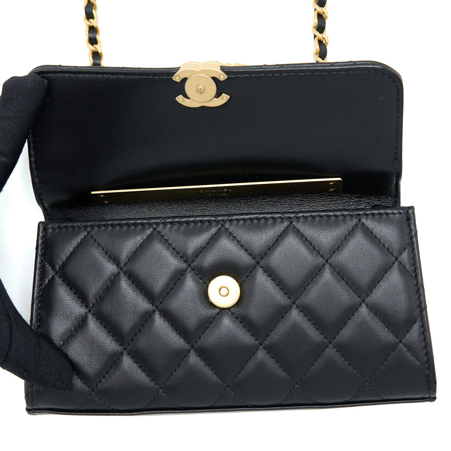 Chanel 22B Flap Bag With Enamel/CC Logo Top Handle Lambskin Black Brushed