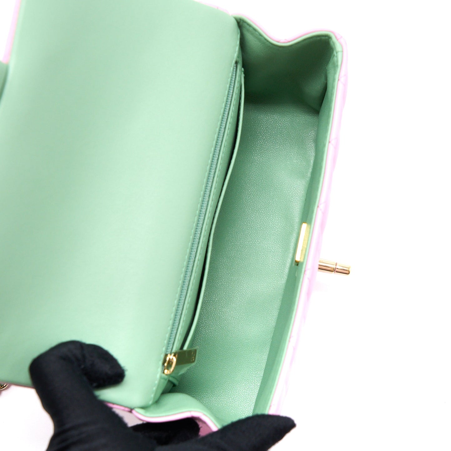 Chanel Top Handle Mini Rectangular Lambskin Pink/Light Green L (Microchip)