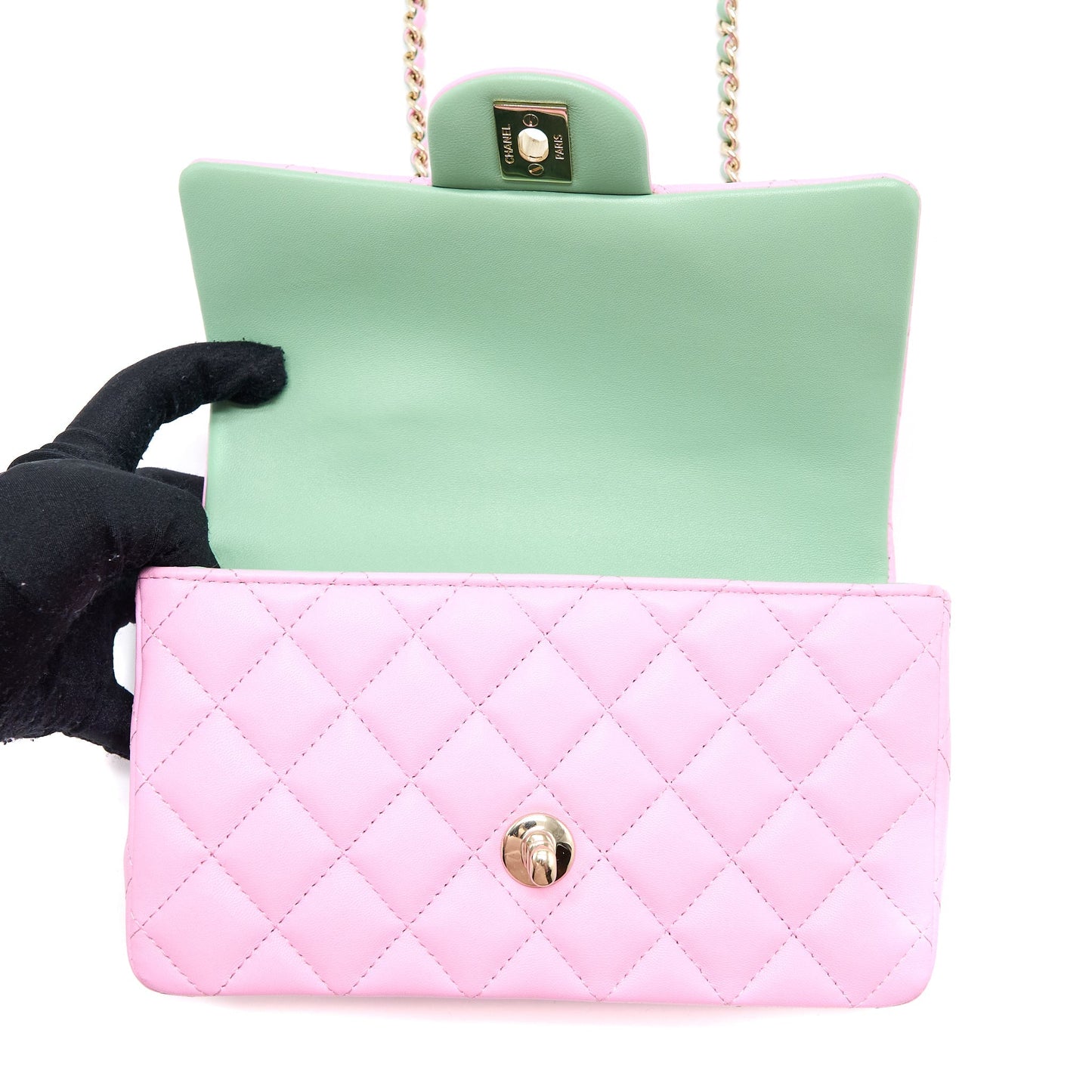 Chanel Top Handle Mini Rectangular Lambskin Pink/Light Green L (Microchip)