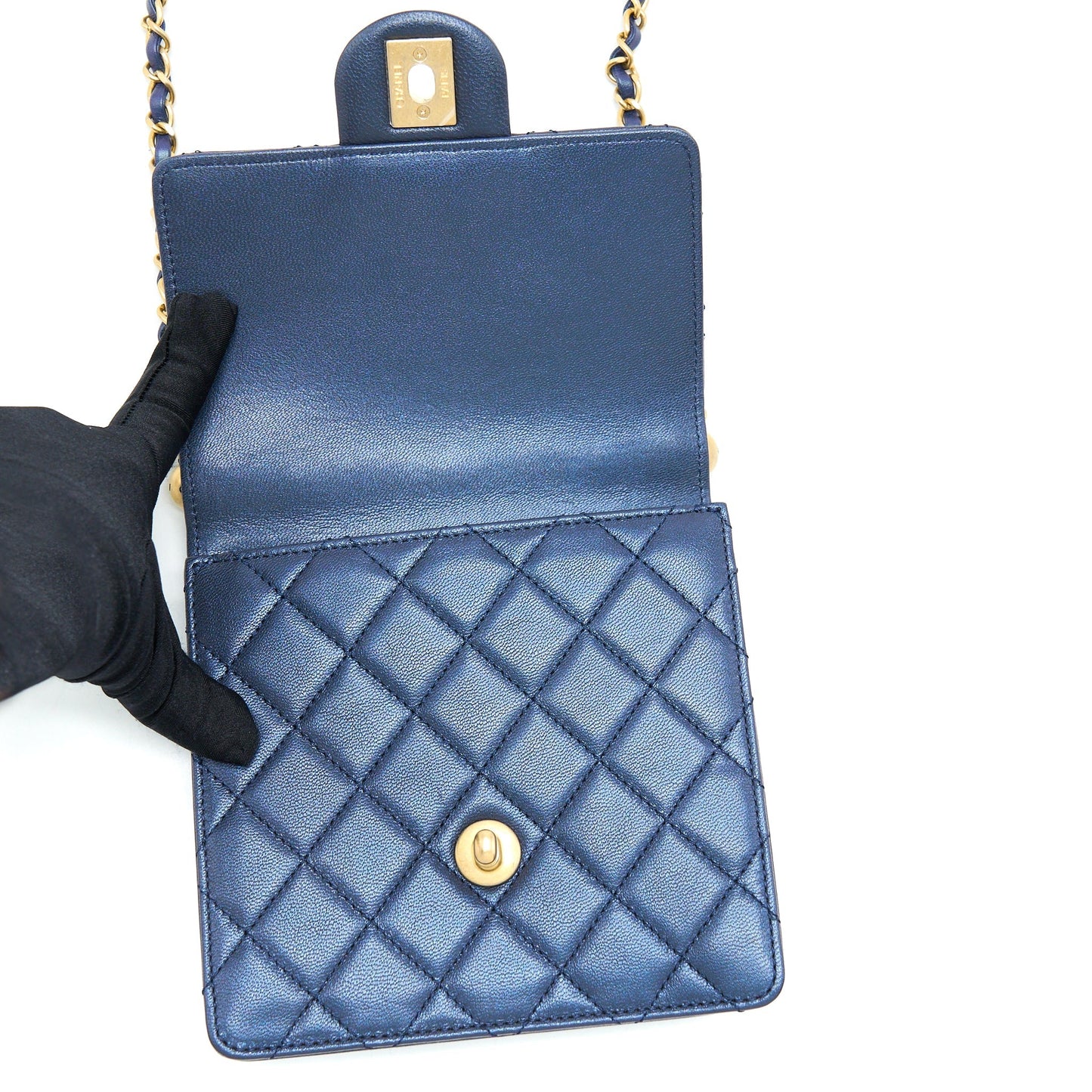 Chanel Vertical Pearl Flap Bag Lambskin Dark Blue