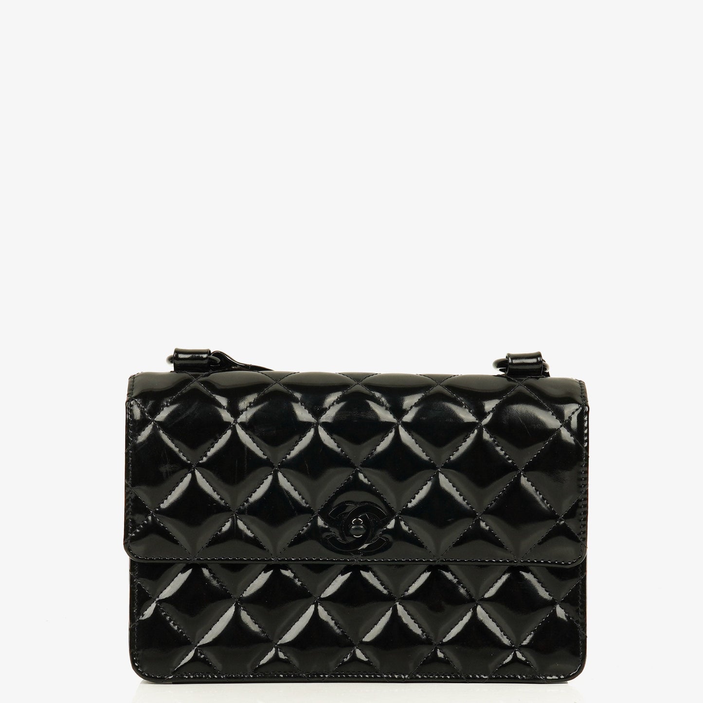 Chanel Small Single Black Quilted Patent Leather Flap Bag