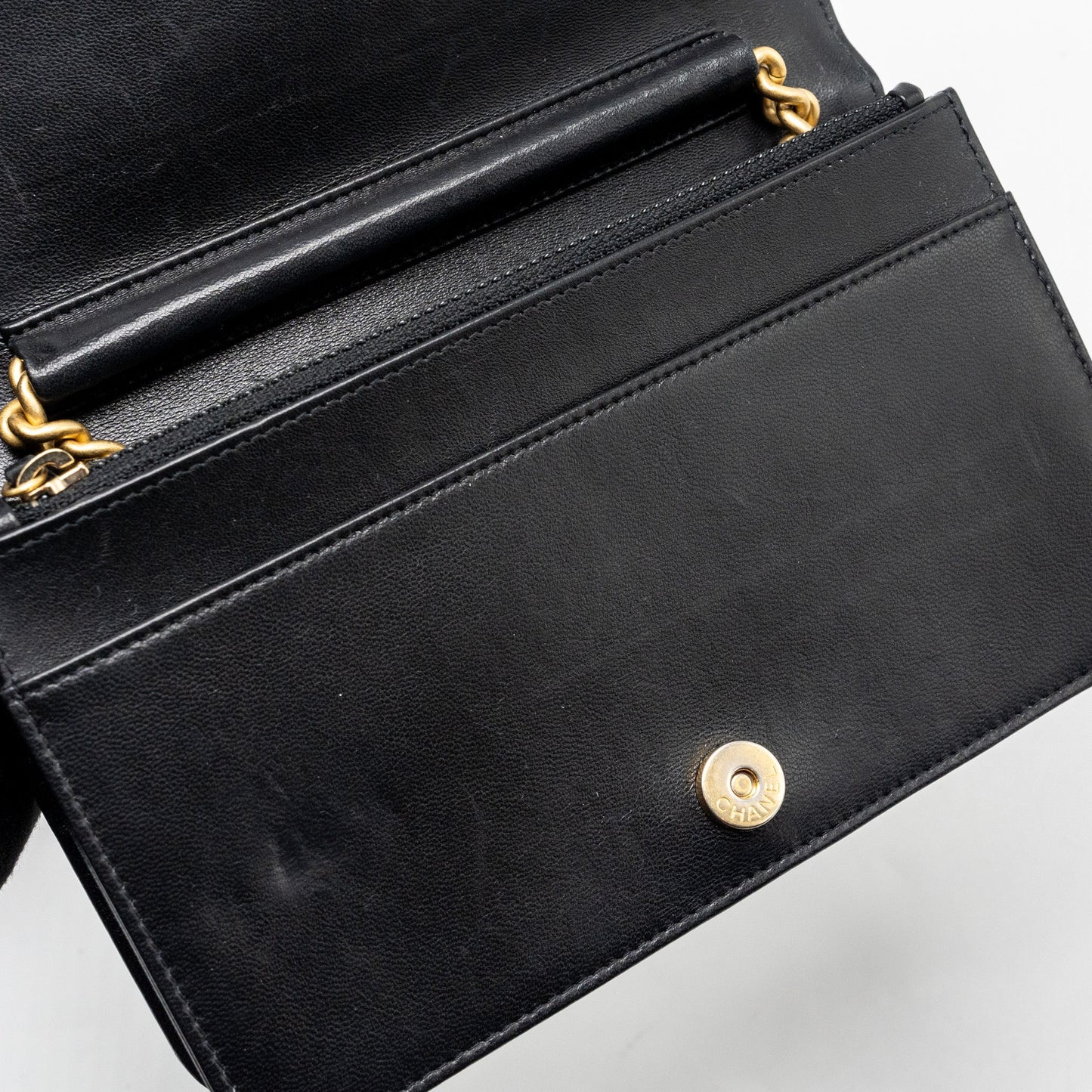 CHANEL Boy Wallet On Chain Lambskin Black Brushed