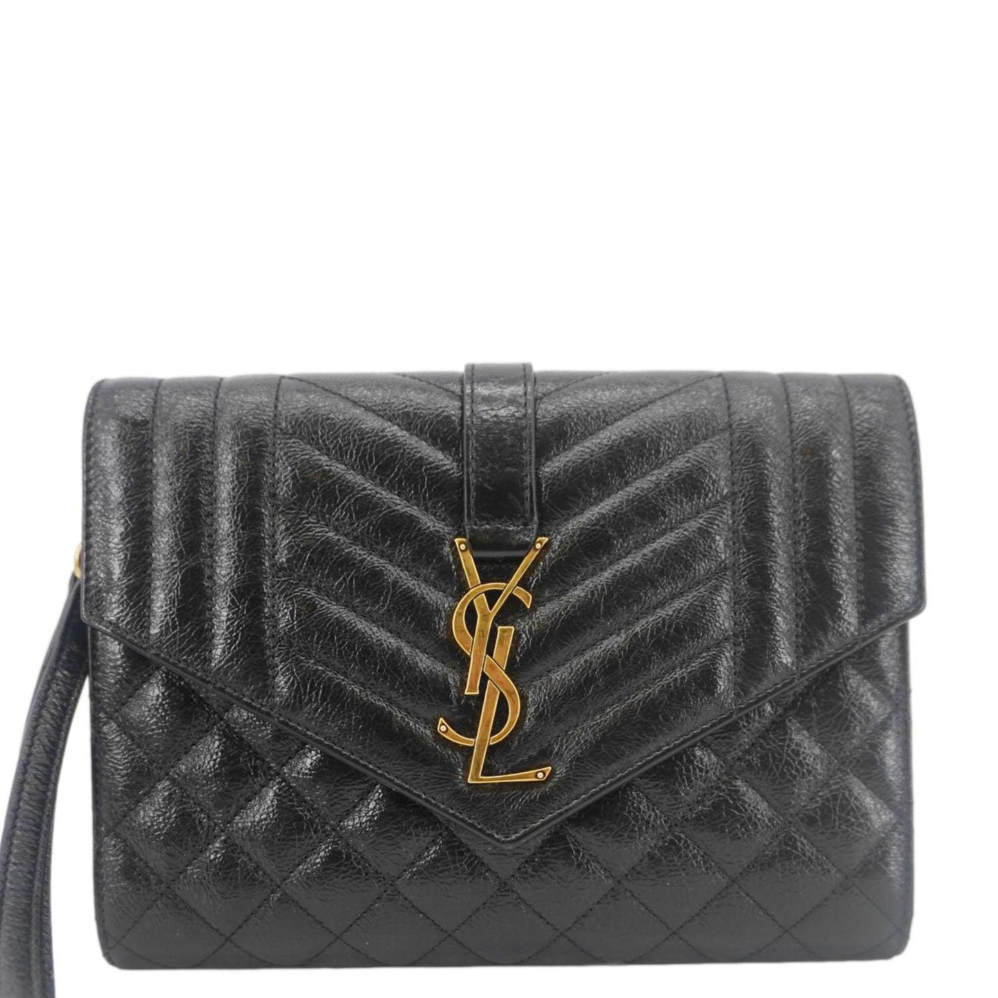 YVES SAINT LAURENT Monogram Leather Wristlet Clutch Black