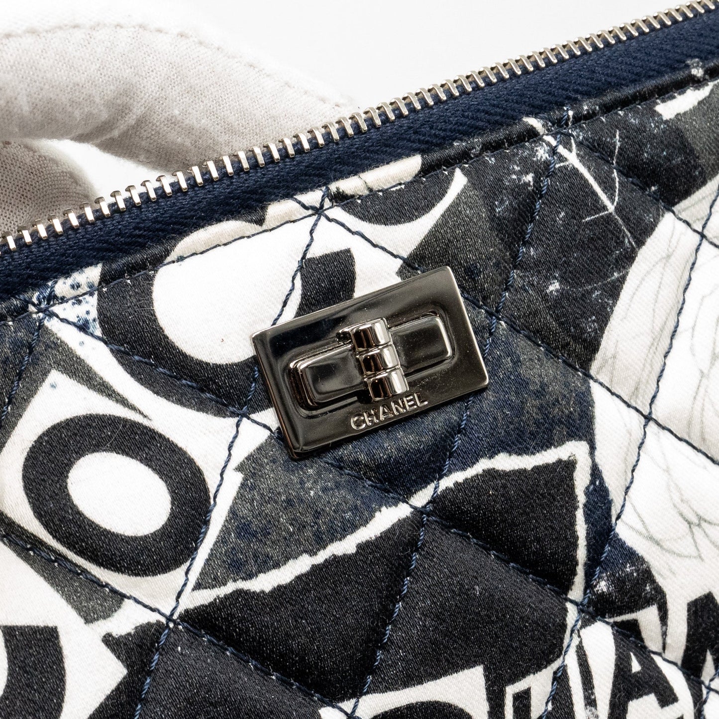 Chanel Coco Printed Medium 2.55 Reissue O-Case Pouch Fabric Black/White Ruthenium