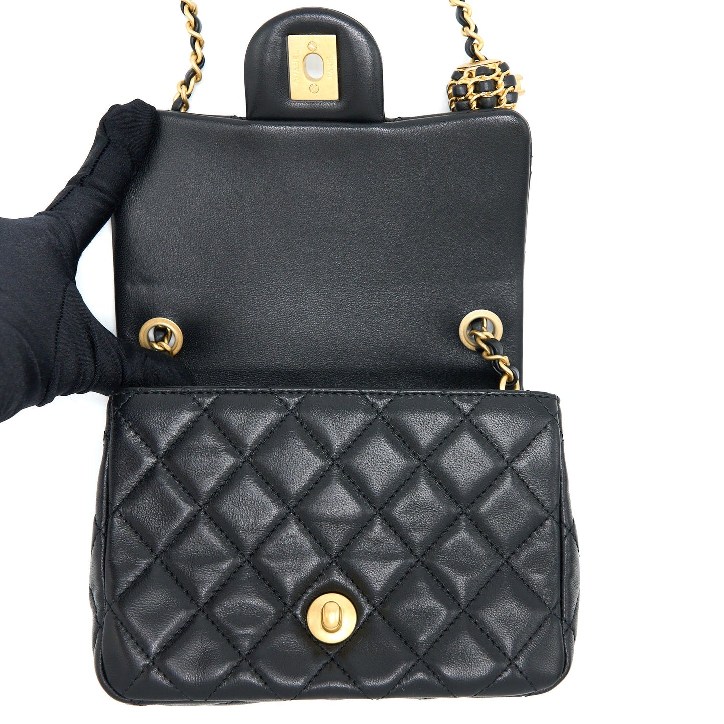 Chanel 22S Pearl Crush Mini Square Flap Bag Lambskin Black (Microchip)