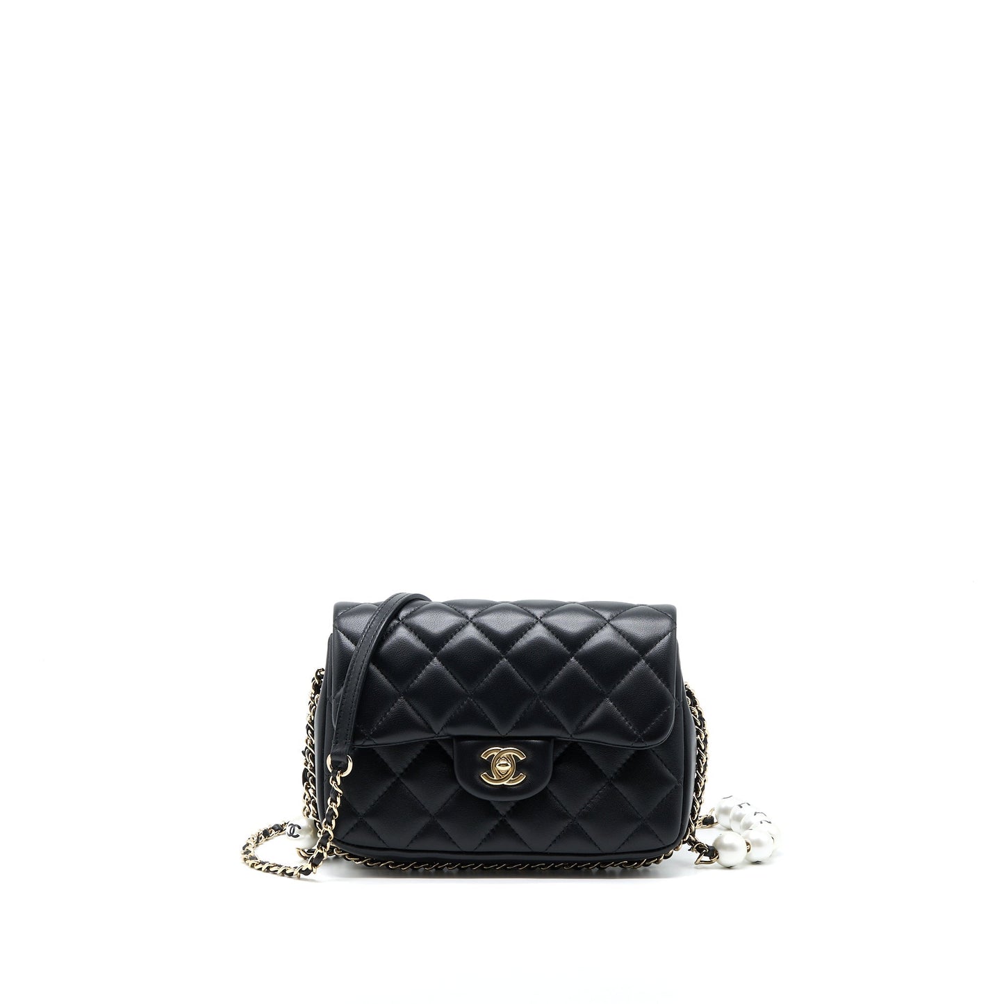 Chanel Small Pearl Logo Strap Flap Bag Lambskin Black L