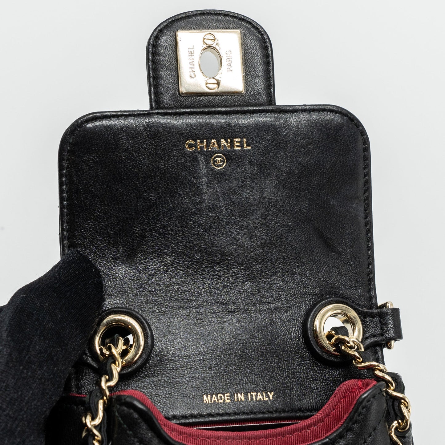Chanel Phone Holder With Chain Lambskin Black L