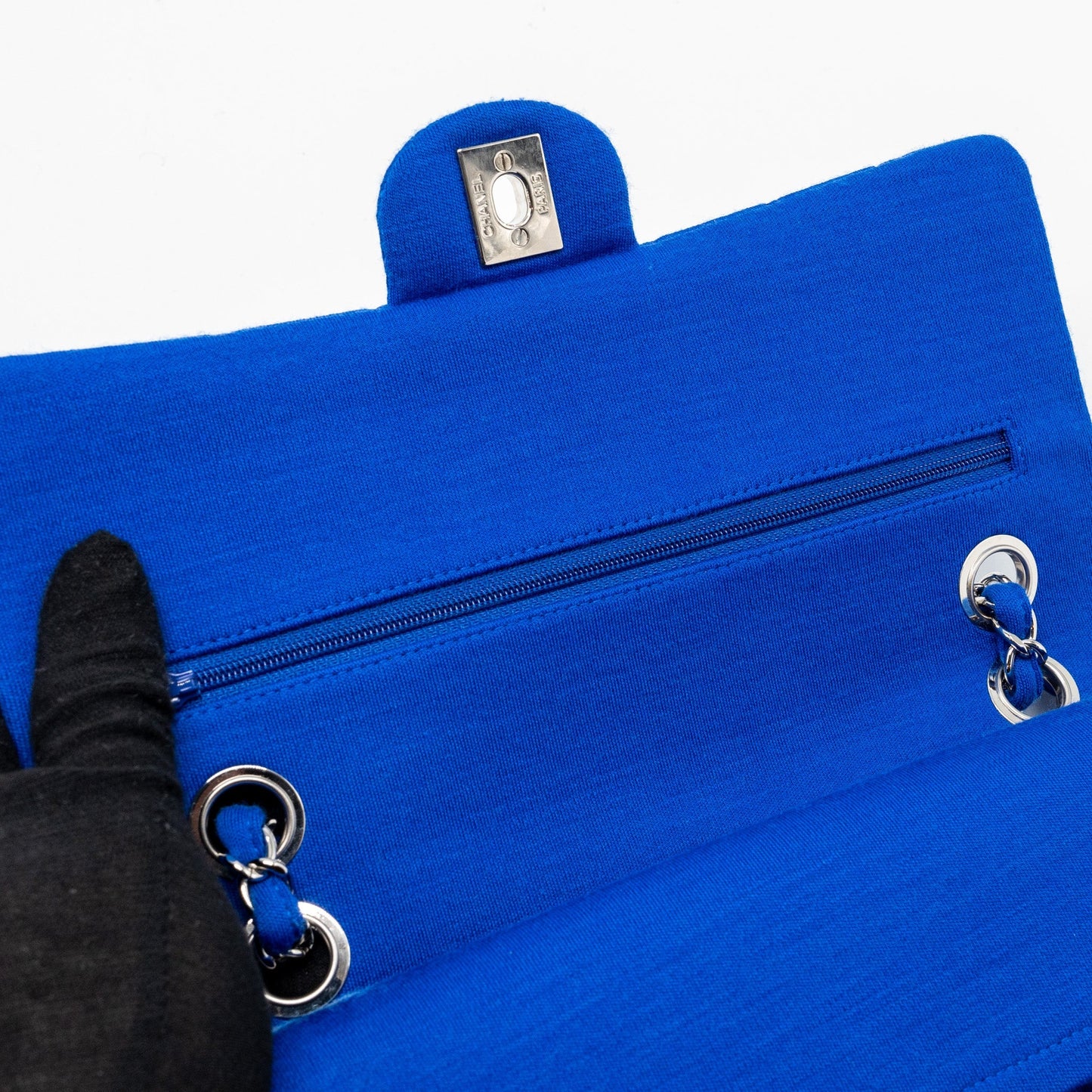 Chanel medium classic double flap bag fabric blue