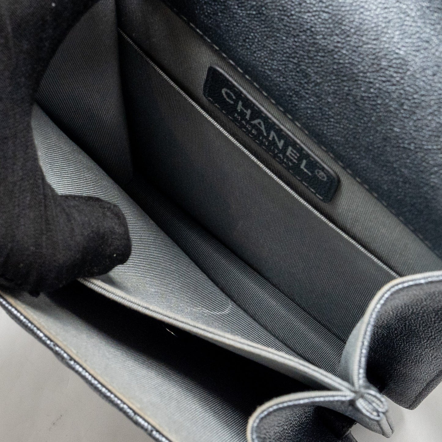 Chanel North South Boy Bag caviar metallic grey