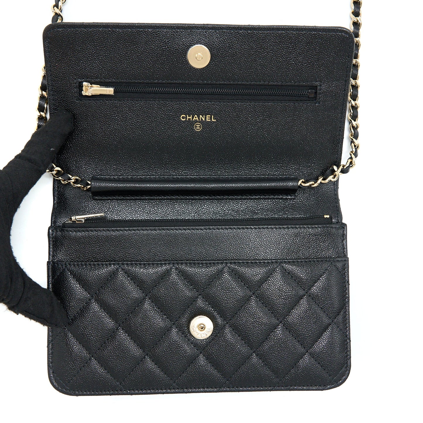 Chanel 22B Detail CC Logo Wallet On Chain Caviar Black L (Microchip)