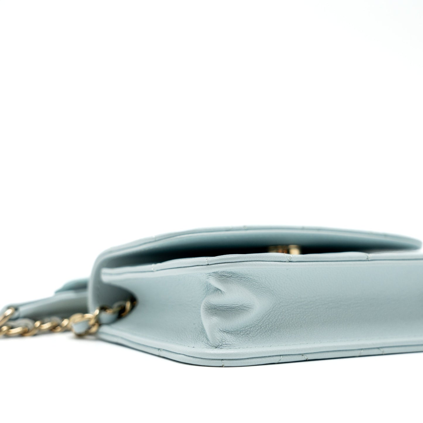 Chanel Mini Flap Bag Ribbon Chains Lambskin Light Blue L