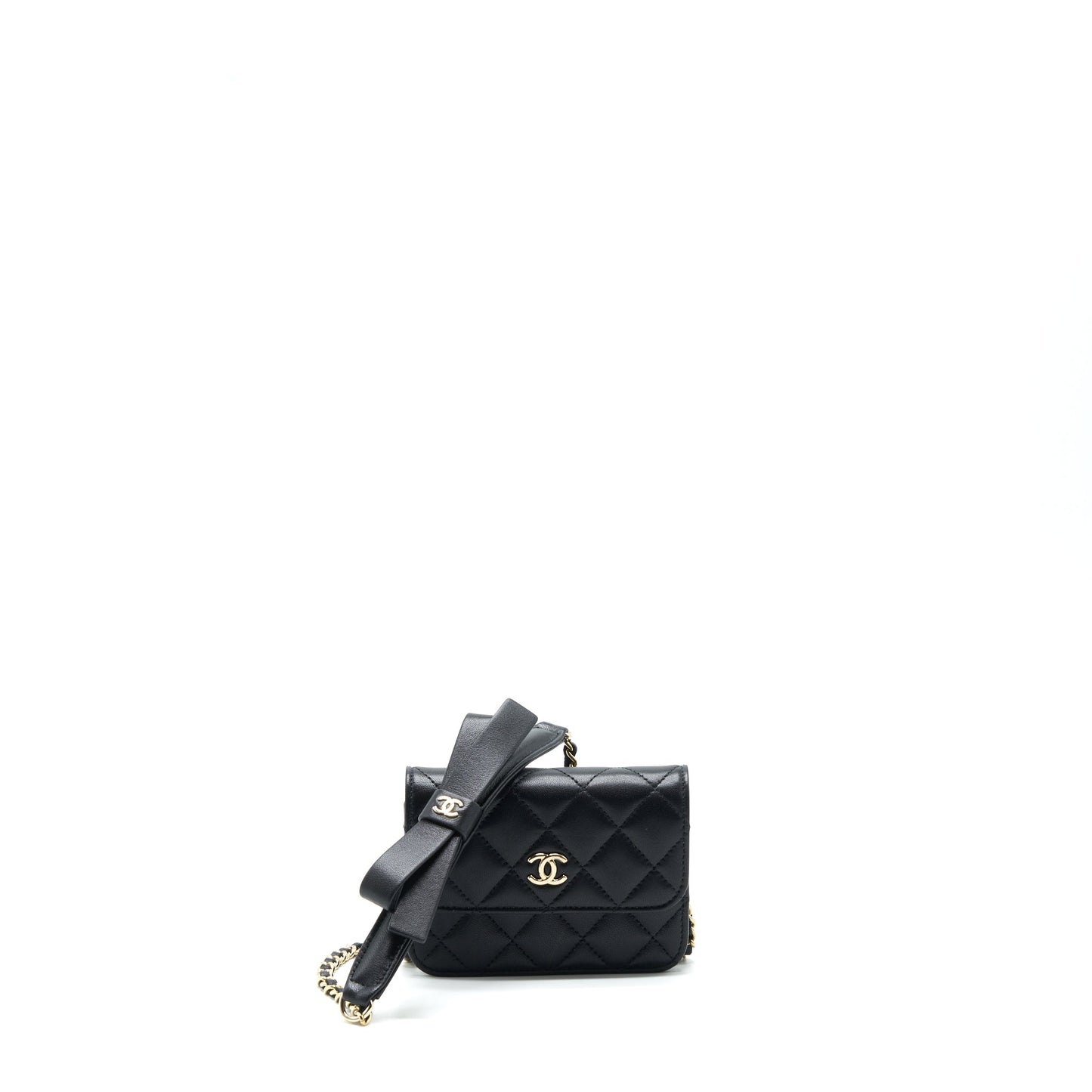 Chanel Mini Flap Card Holder Ribbon Chain Lambskin Black L