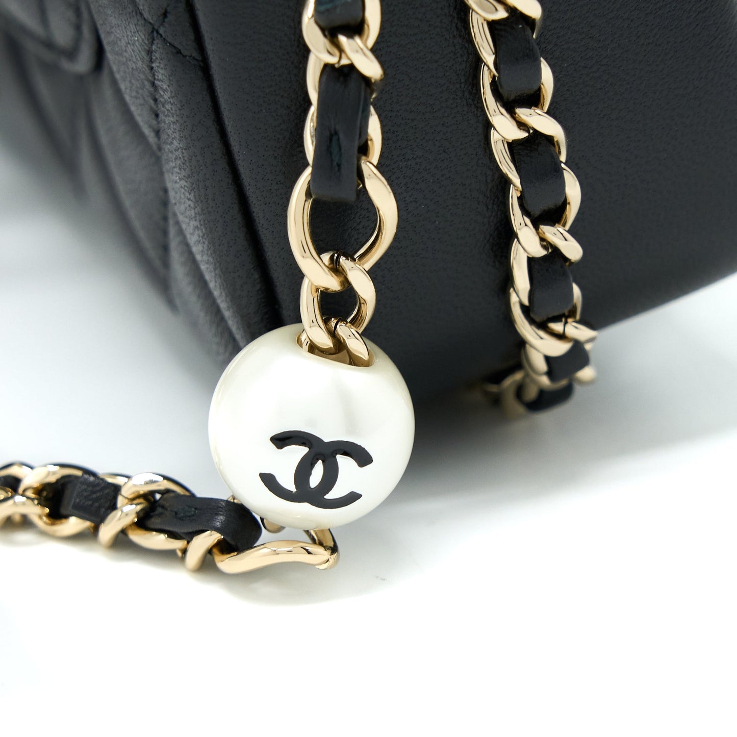 Chanel Small Pearl Logo Strap Flap Bag Lambskin Black L