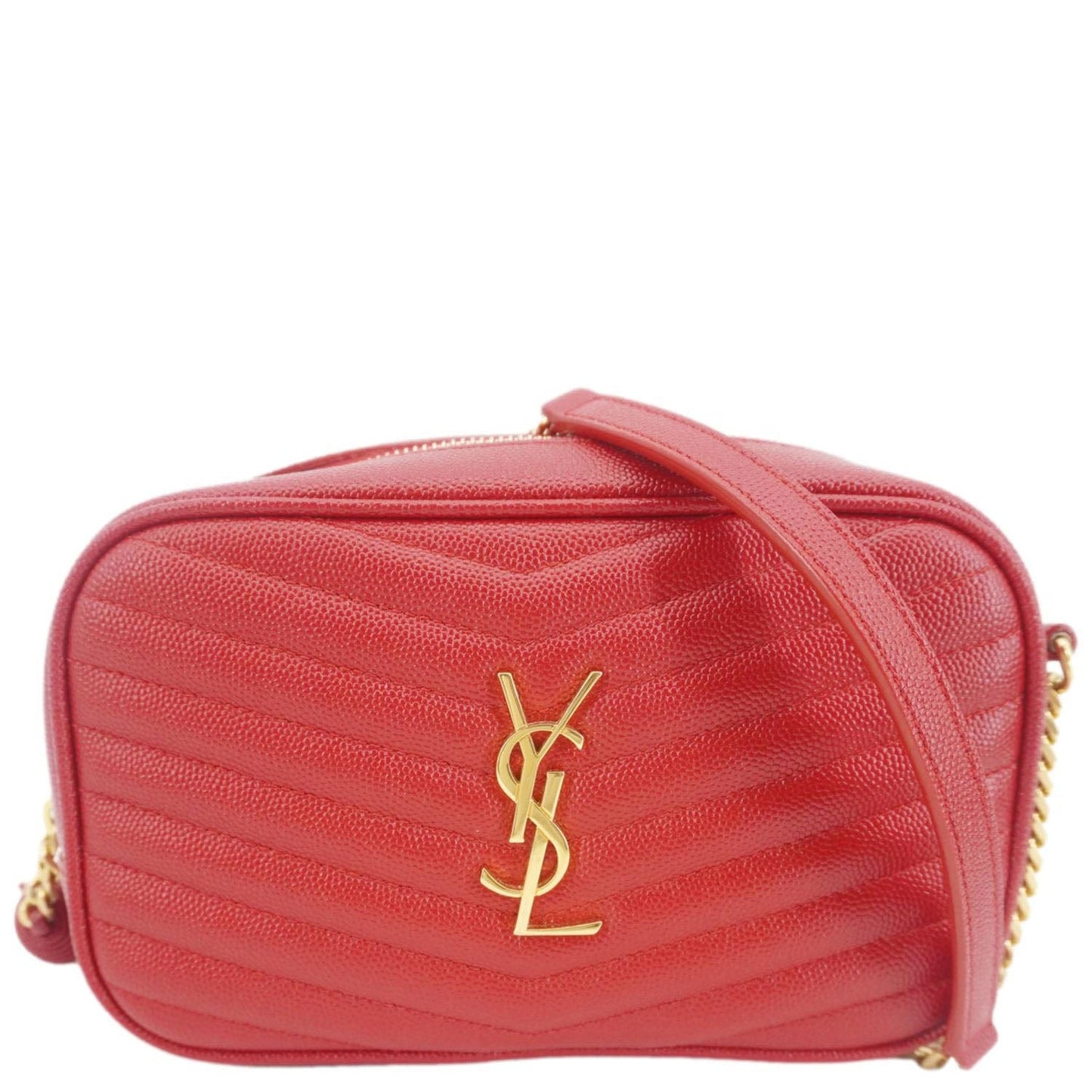 YVES SAINT LAURENT Lou Small Chevron Leather Camera Crossbody Bag Red