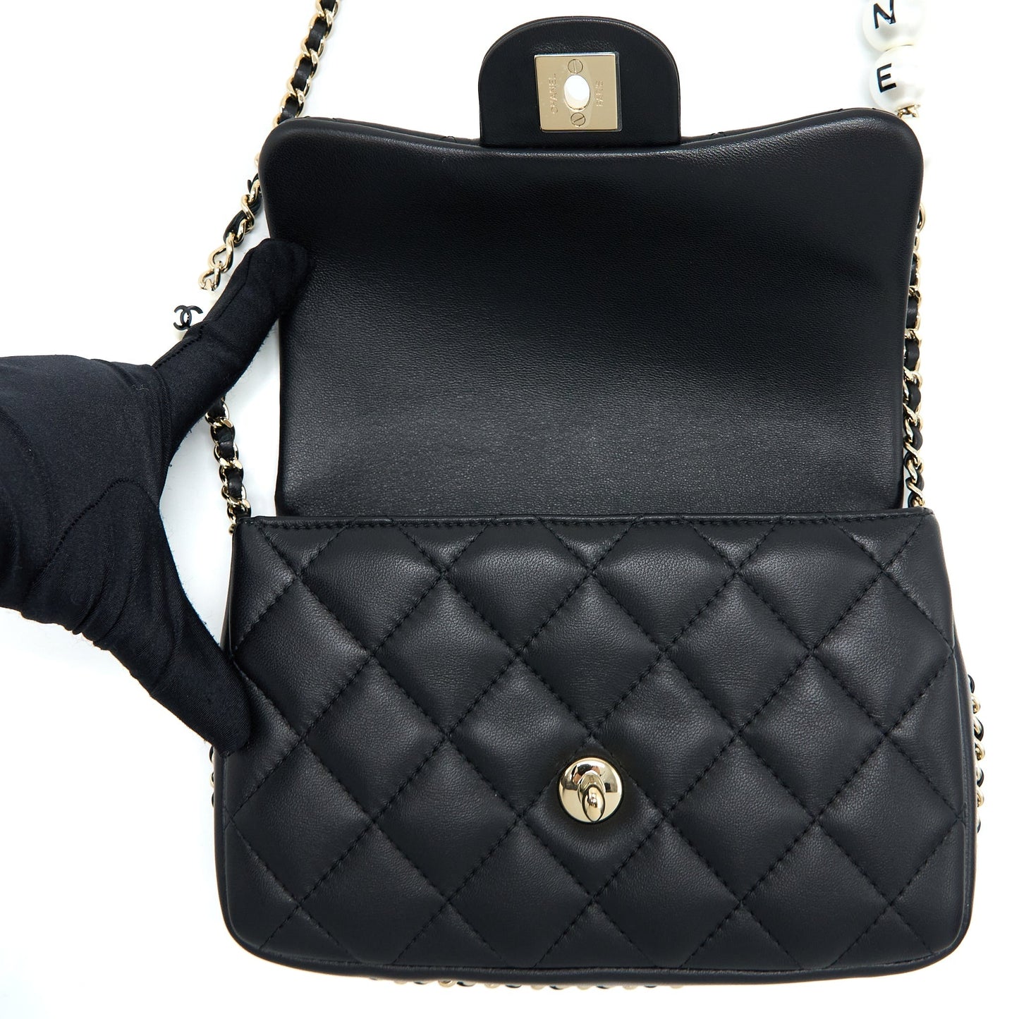 Chanel Small Pearl Logo Strap Flap Bag Lambskin Black L