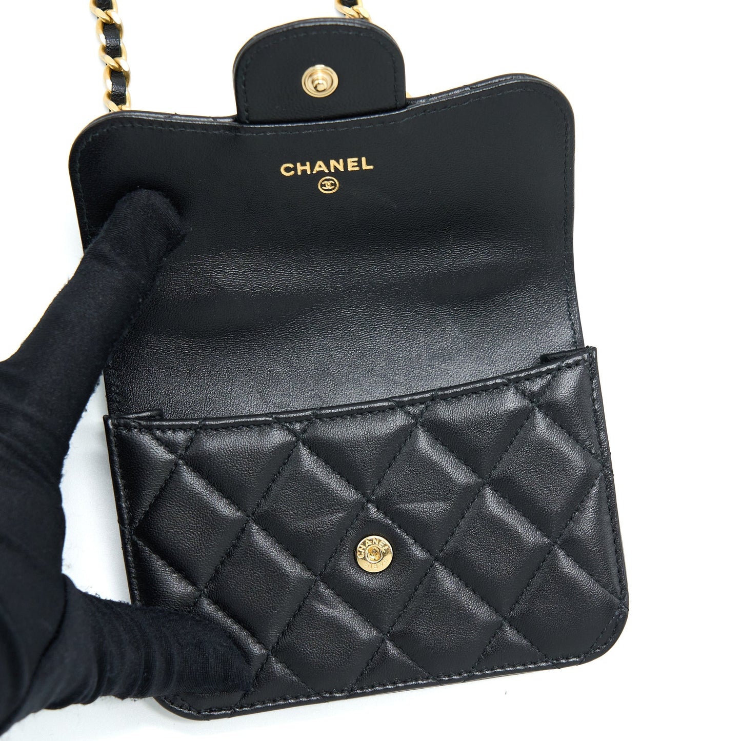 Chanel Top Handle Mini Flap Card Holder Lambskin Black