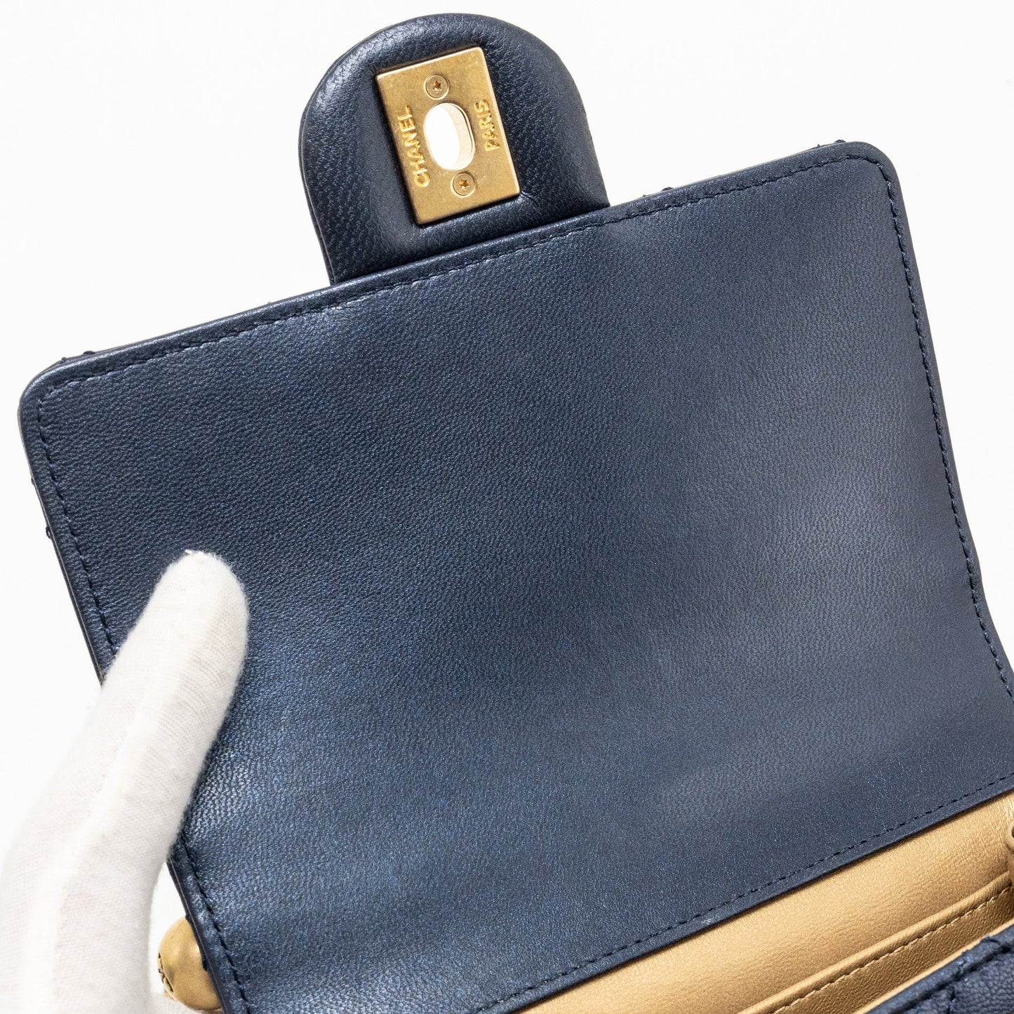 Chanel pearl decorated quilted flap bag lambskin navy