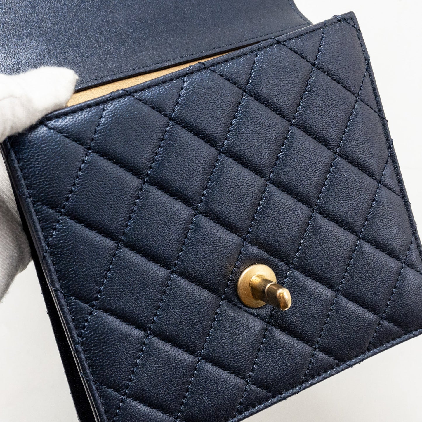 Chanel pearl decorated quilted flap bag lambskin navy