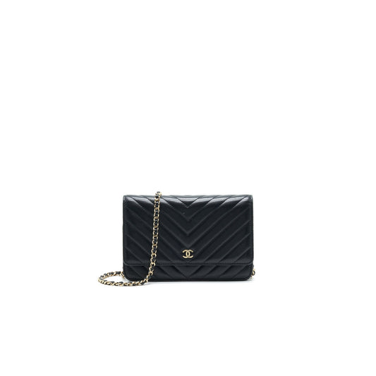CHANEL CHEVRON WALLET ON CHAIN LAMBSKIN BLACK WITH GHW Crossbody