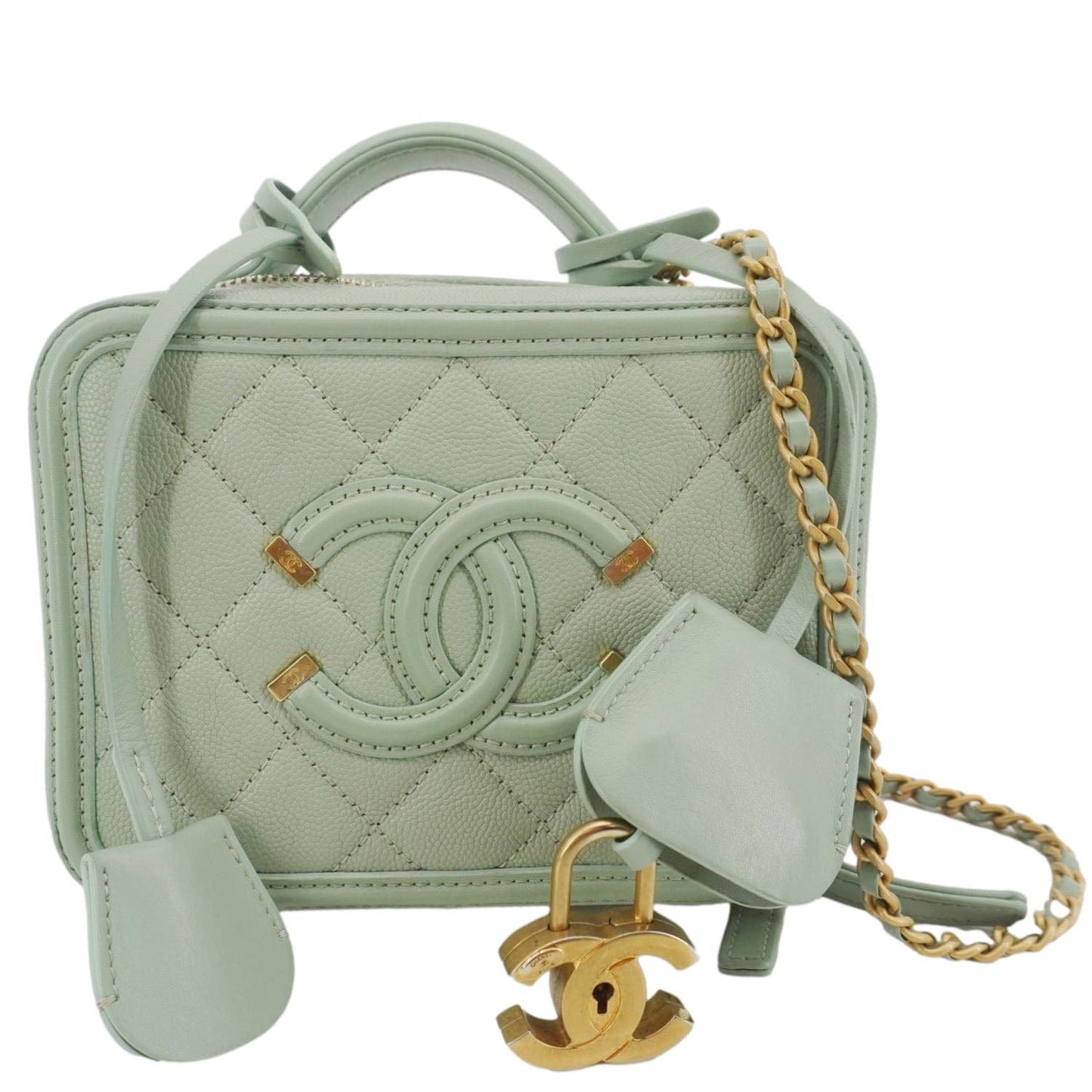 Chanel Vanity Case Filigree CC Small Caviar Quilted Shoulder Bag Light Green
