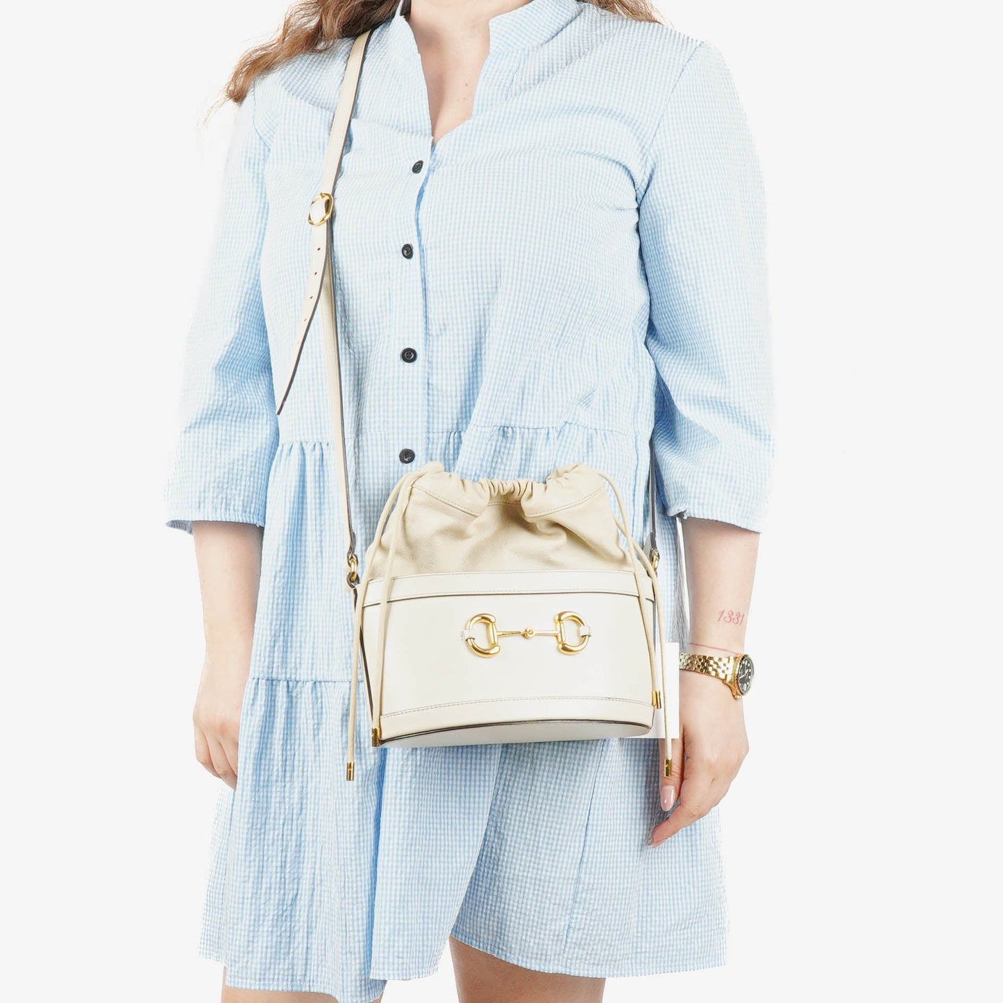 Gucci Horsebit 1955 Azalea Sakai Calfskin Mystic White Drawstring Bucket Bag