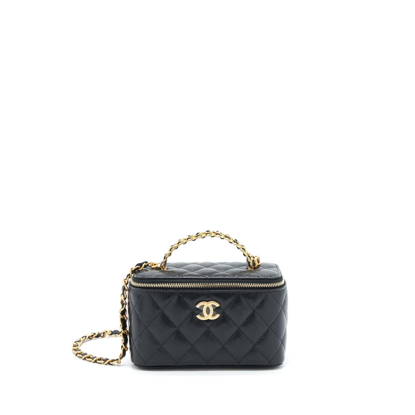 Chanel 22S Letter Top Handle Long Vanity With Chain Caviar Black