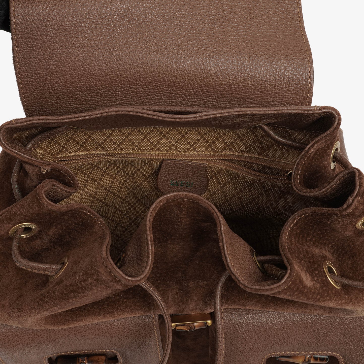 Gucci Vintage Brown Suede and Leather Bamboo Backpack