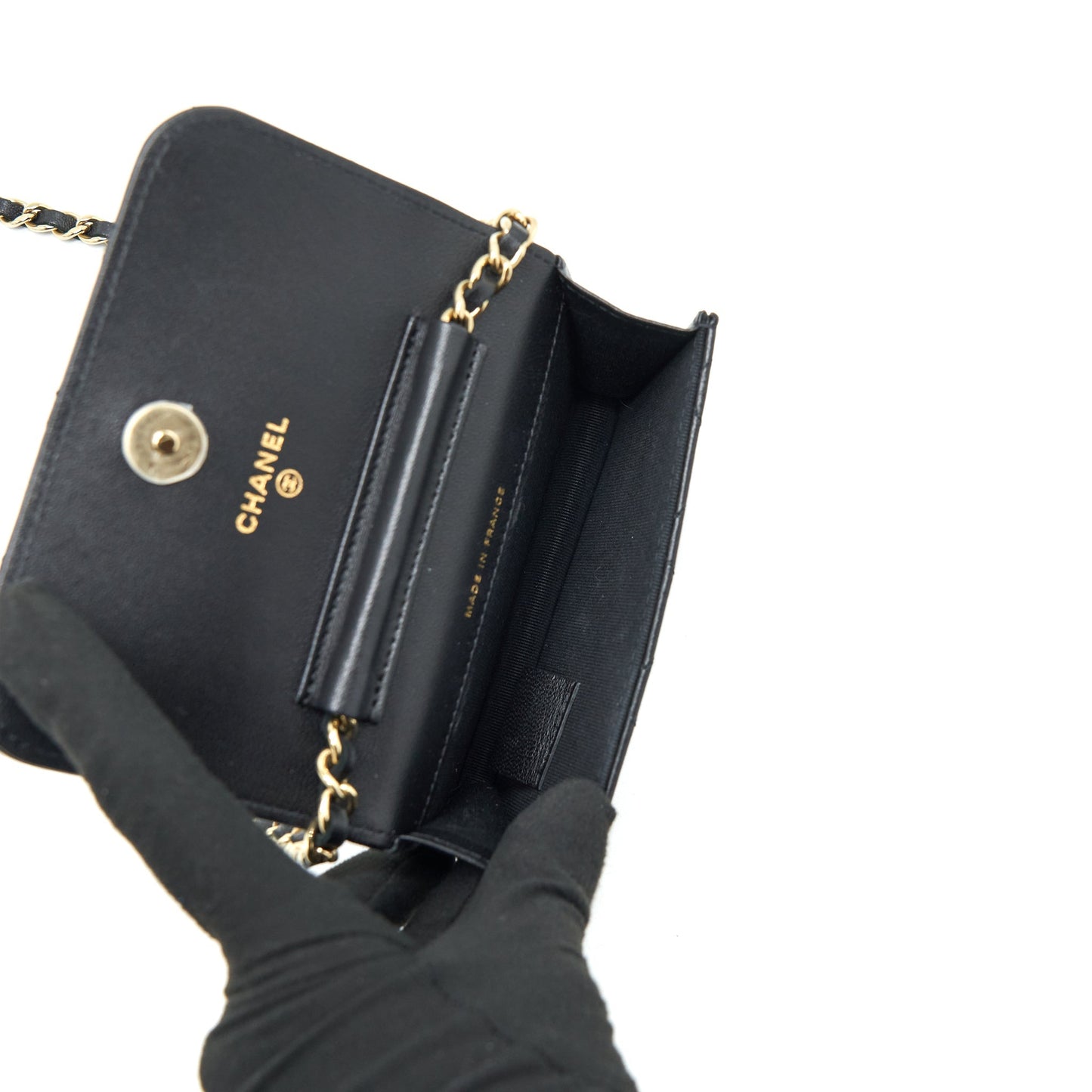 Chanel Mini Flap Card Holder Ribbon Chain Lambskin Black L