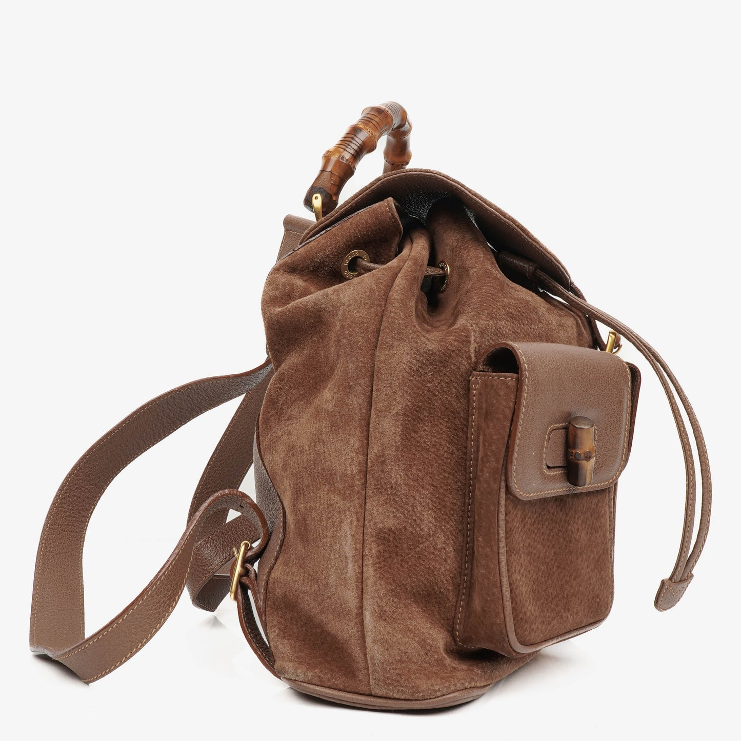 Gucci Vintage Brown Suede and Leather Bamboo Backpack