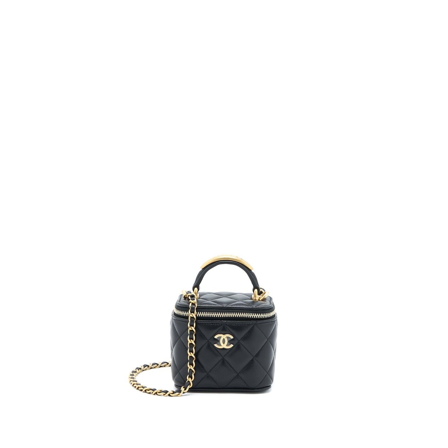 Chanel 22B Detailed Top Handle Mini Vanity With Chain Lambskin Black Brushed