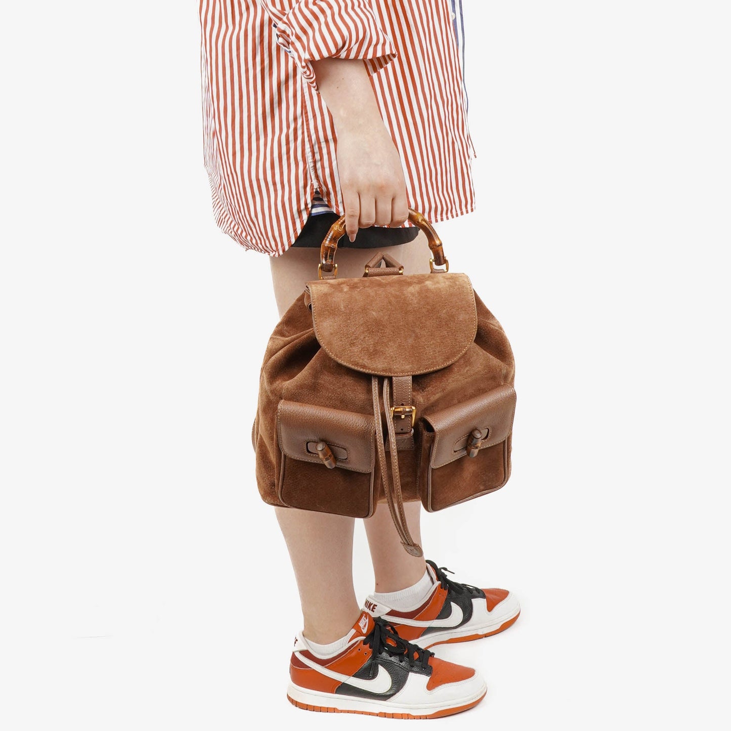 Gucci Vintage Brown Suede and Leather Bamboo Backpack