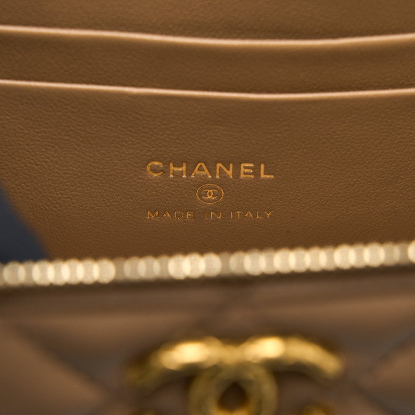 Chanel 22K Gold Pillar Adjustable Chain Long Vanity Lambskin Beige Brushed  (Microchip)