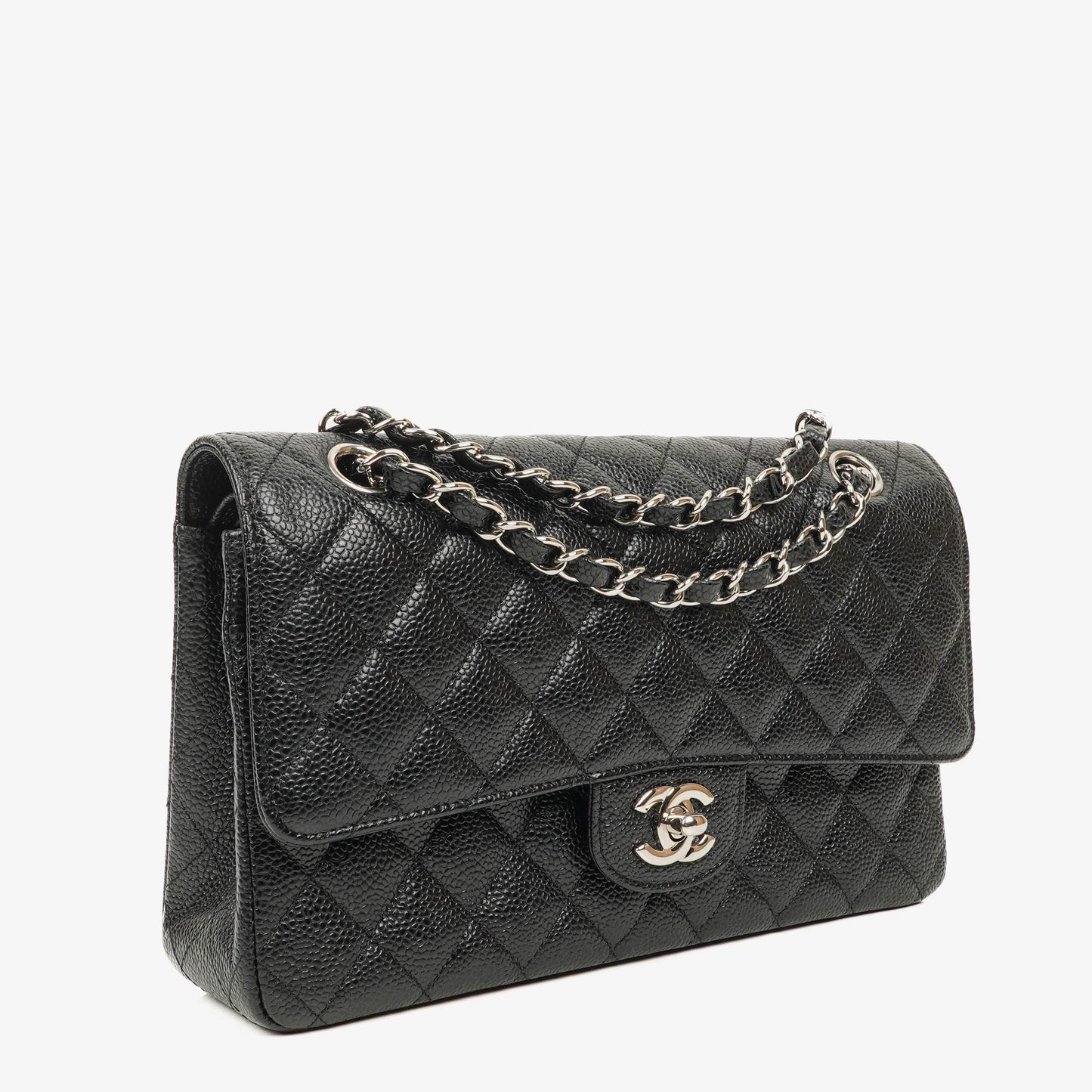 Chanel Medium Classic Black Quilted Caviar Double Flap Bag With Silver - Tone Hardware