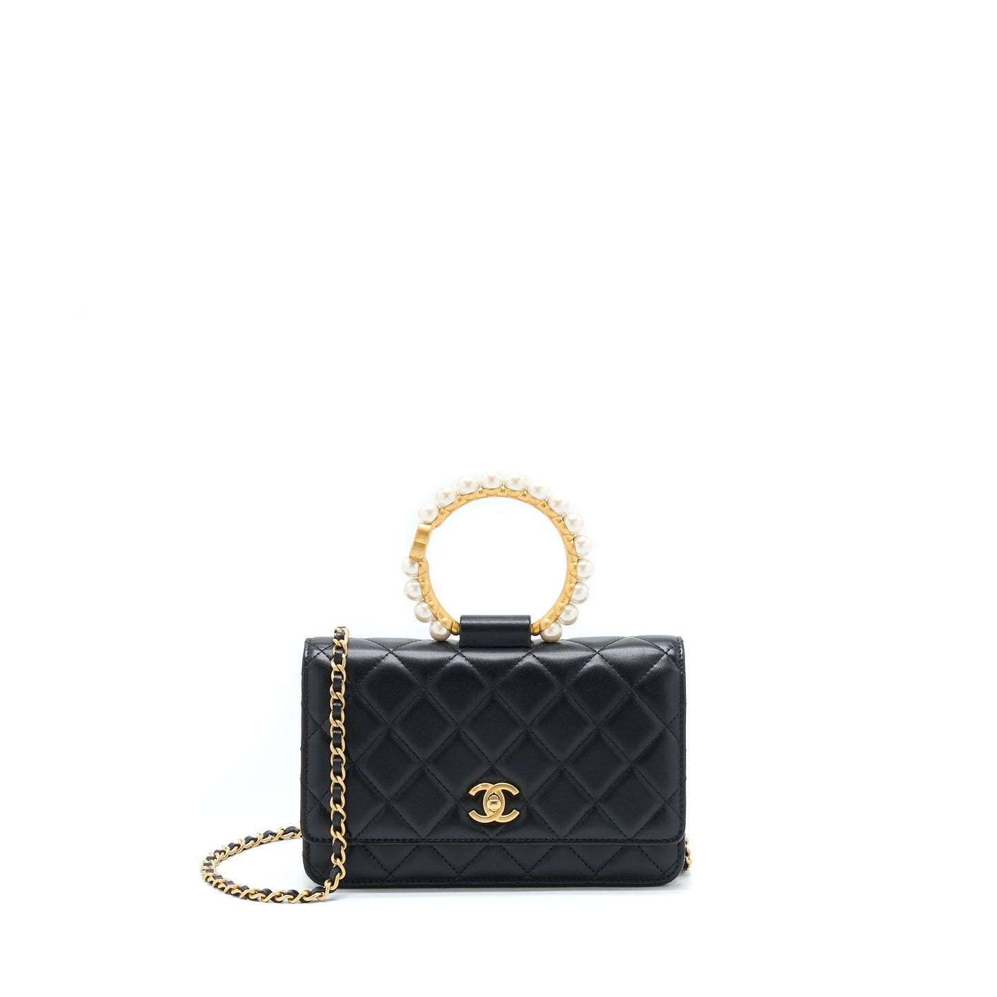 Chanel 21S Wallet On Chain With Pearl/CC logo Round Handle Lambskin Black Brushed