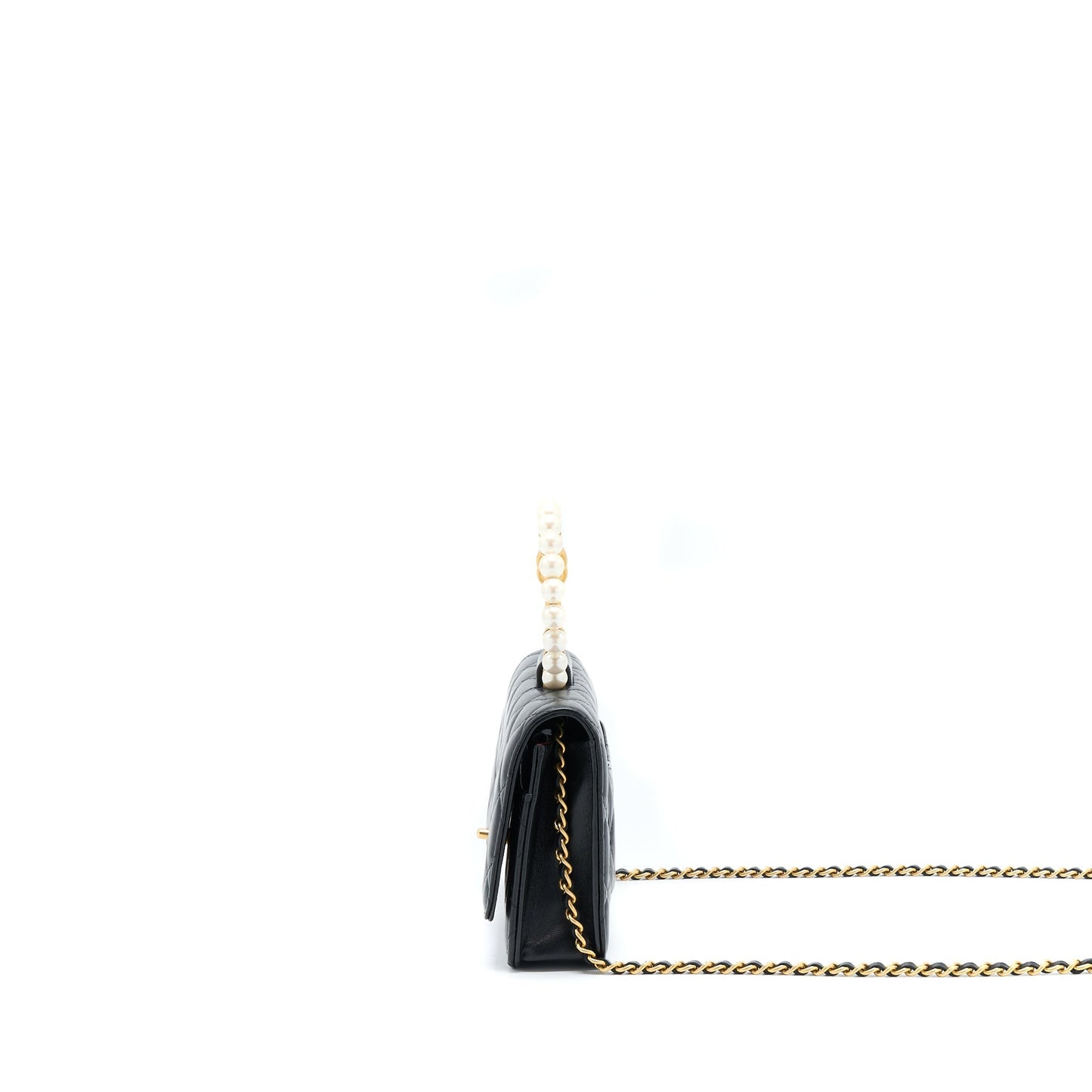 Chanel 21S Wallet On Chain With Pearl/CC logo Round Handle Lambskin Black Brushed